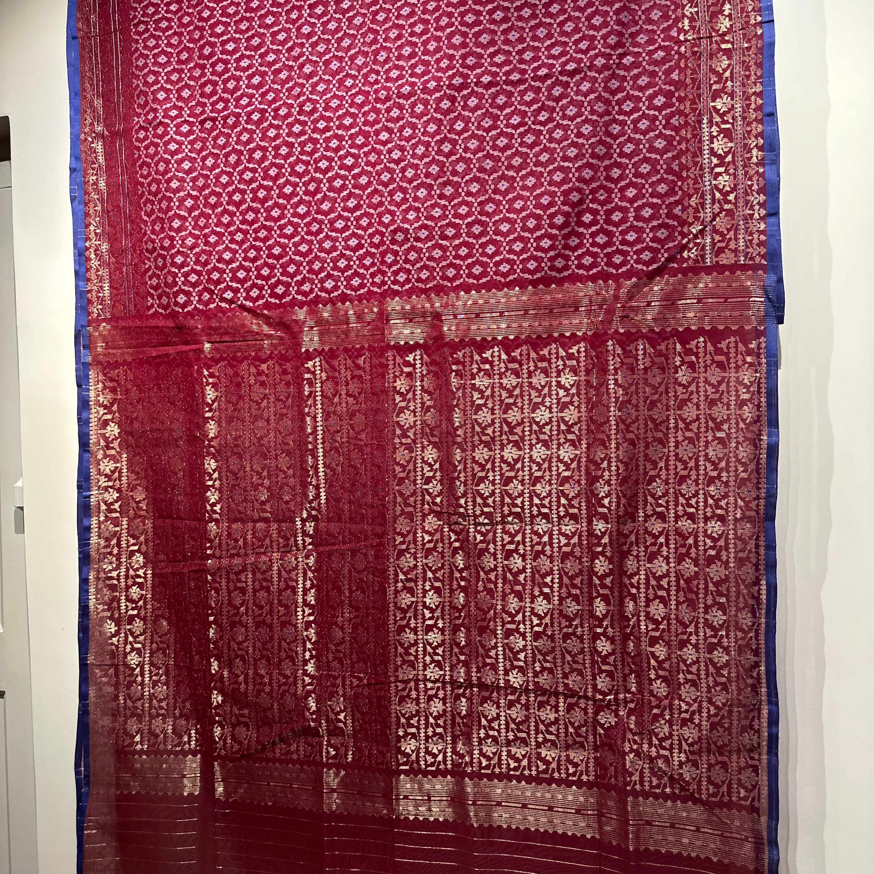 Dark Red with Golden and White Jaal Dhakai Jamdani