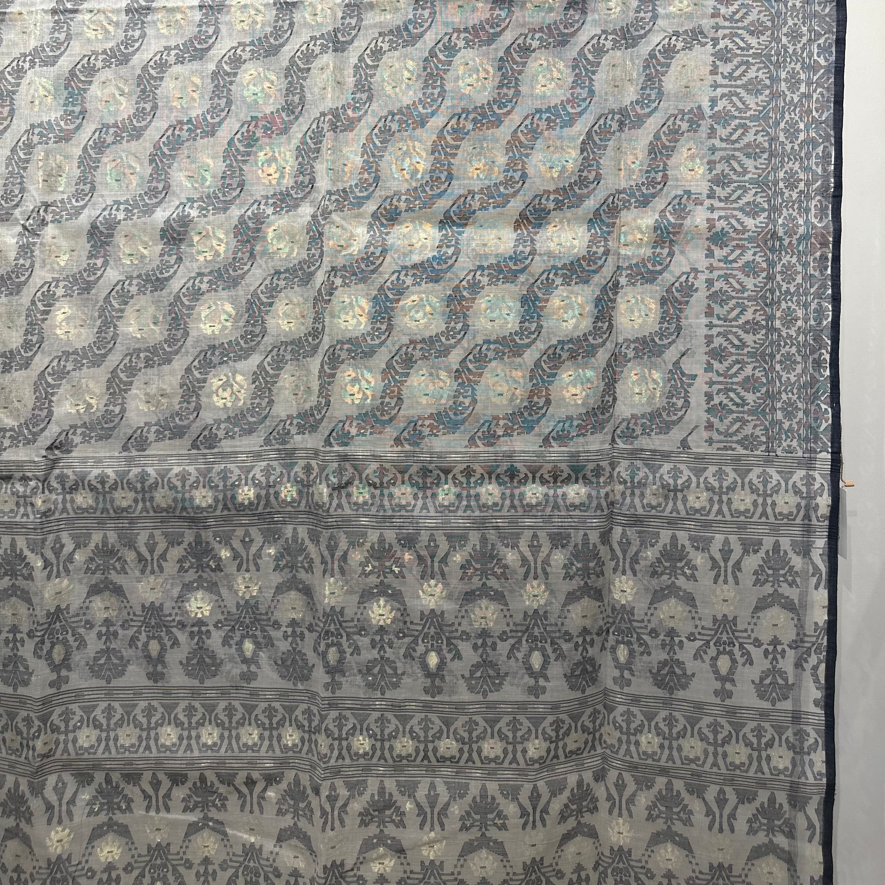 200 count khadi white and black dhakai jamdani with floral palla