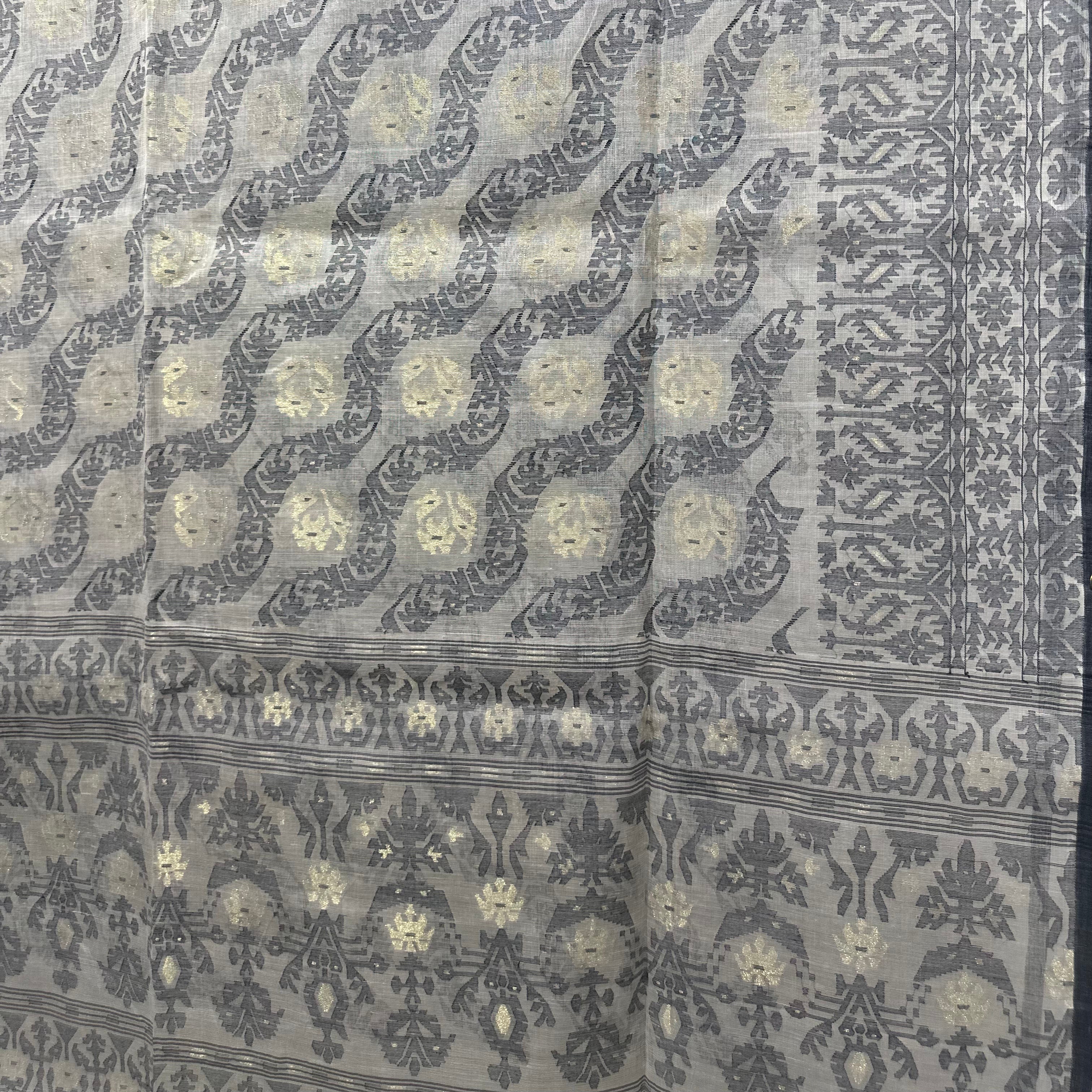 200 count khadi white and black dhakai jamdani with floral palla