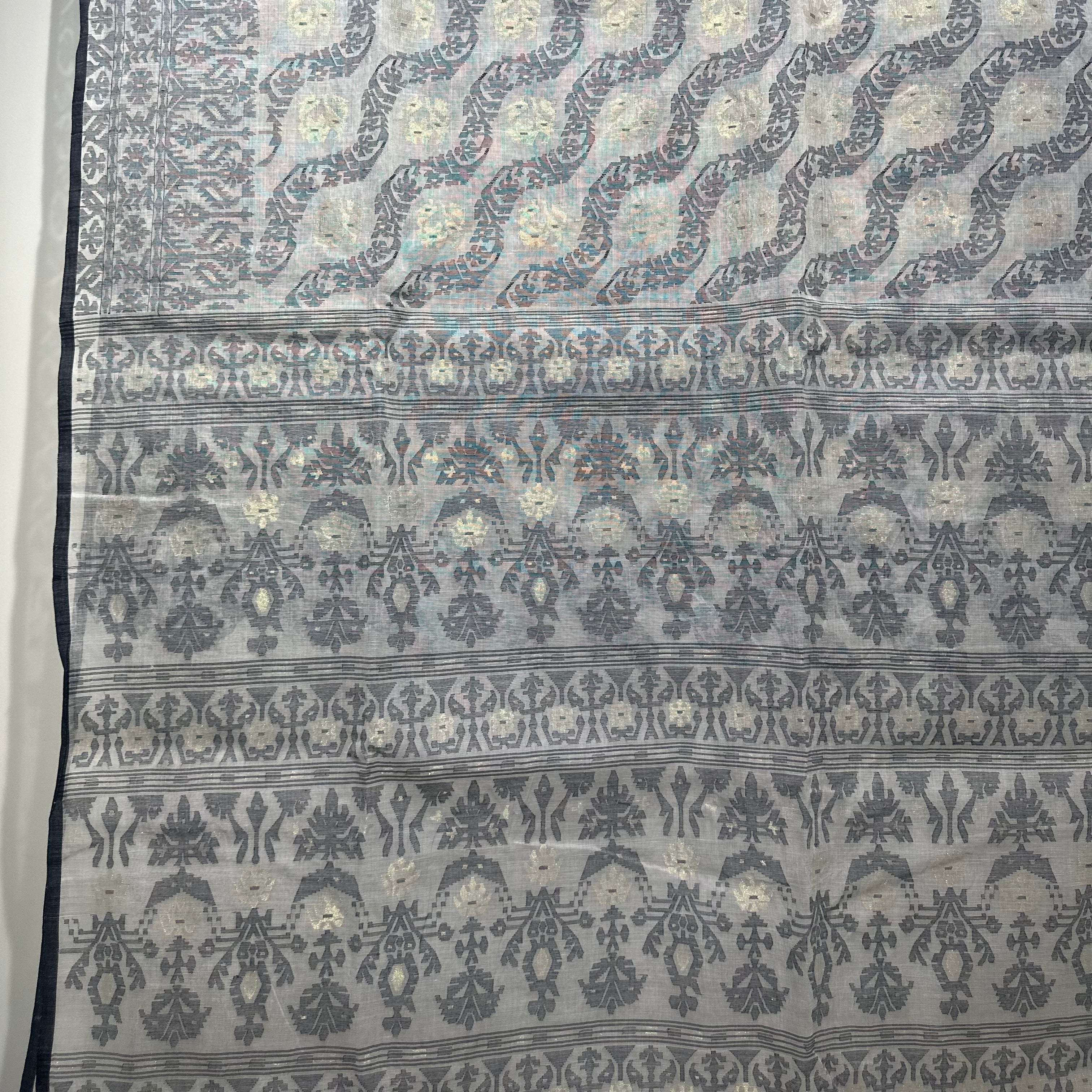 200 count khadi white and black dhakai jamdani with floral palla