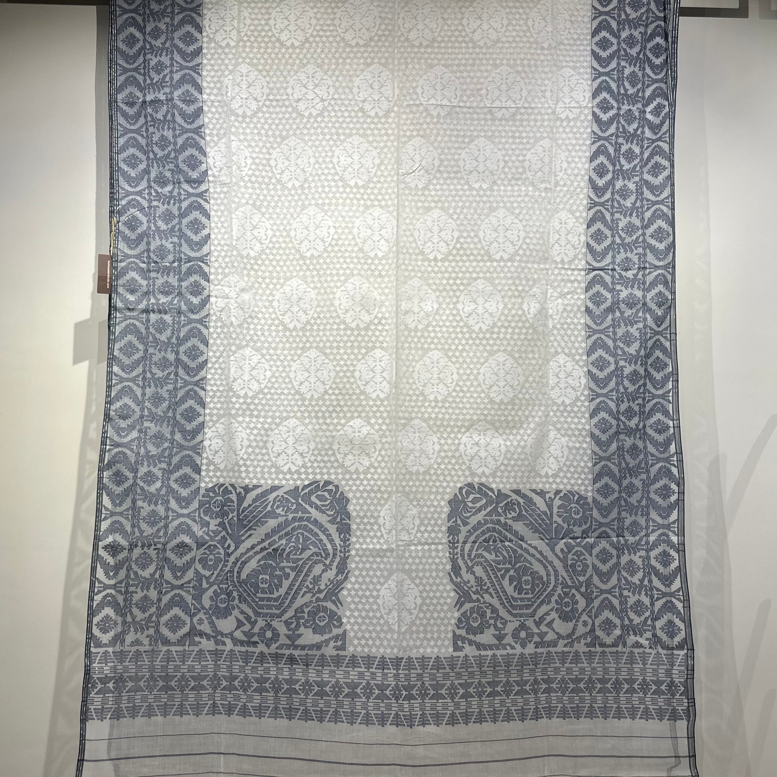 White and Grey-Blue Dhakai Jamdani with Koniya