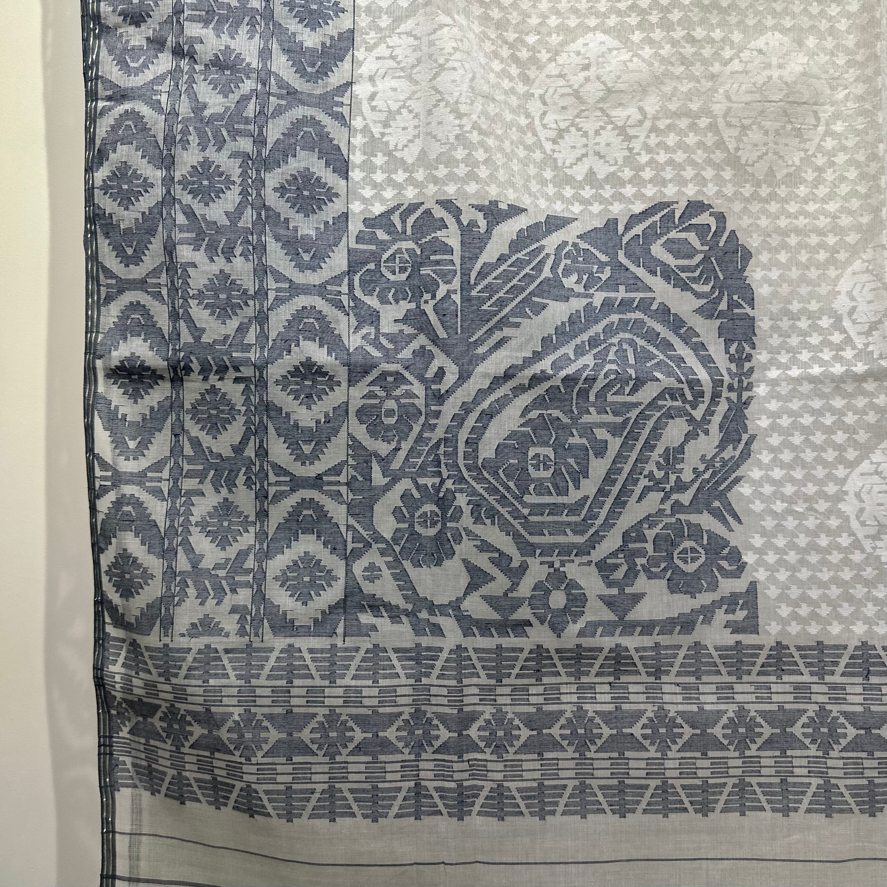 White and Grey-Blue Dhakai Jamdani with Koniya