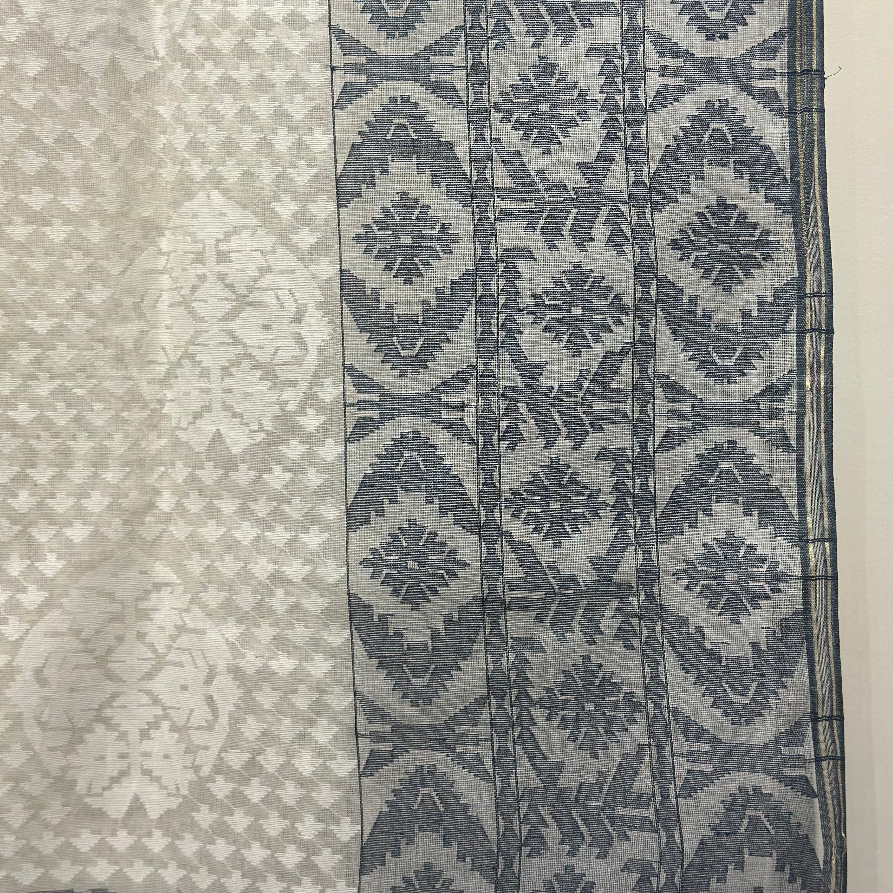 White and Grey-Blue Dhakai Jamdani with Koniya