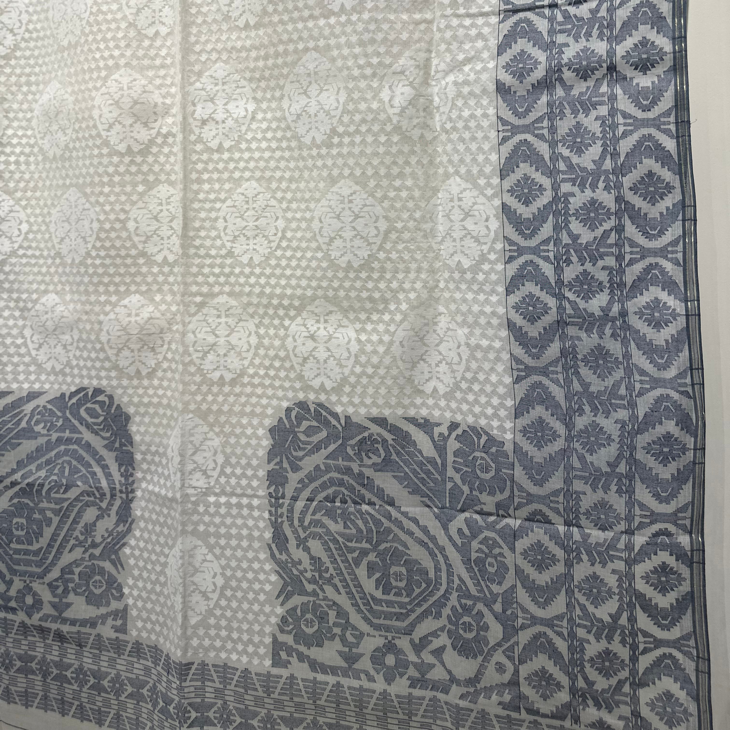 White and Grey-Blue Dhakai Jamdani with Koniya