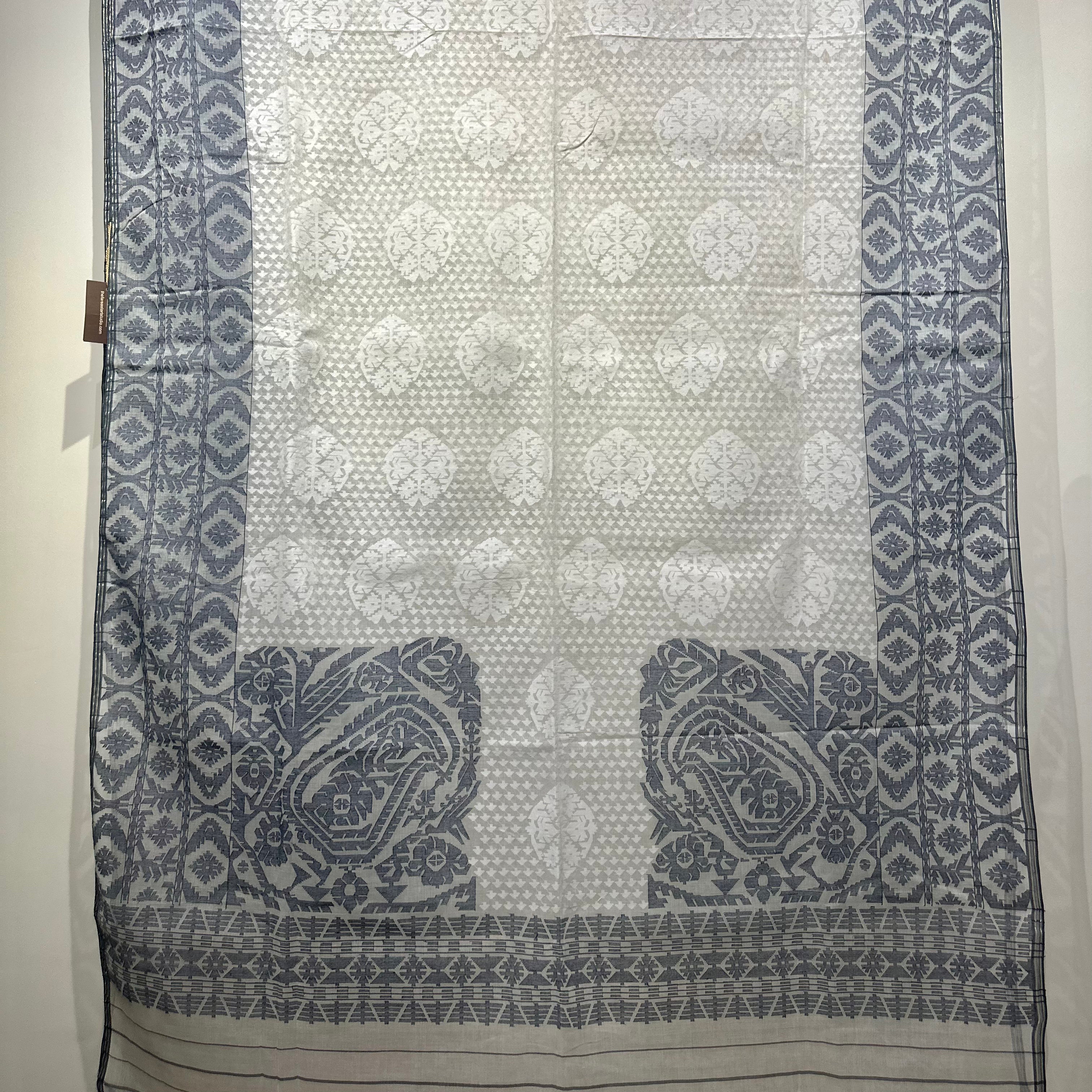 White and Grey-Blue Dhakai Jamdani with Koniya