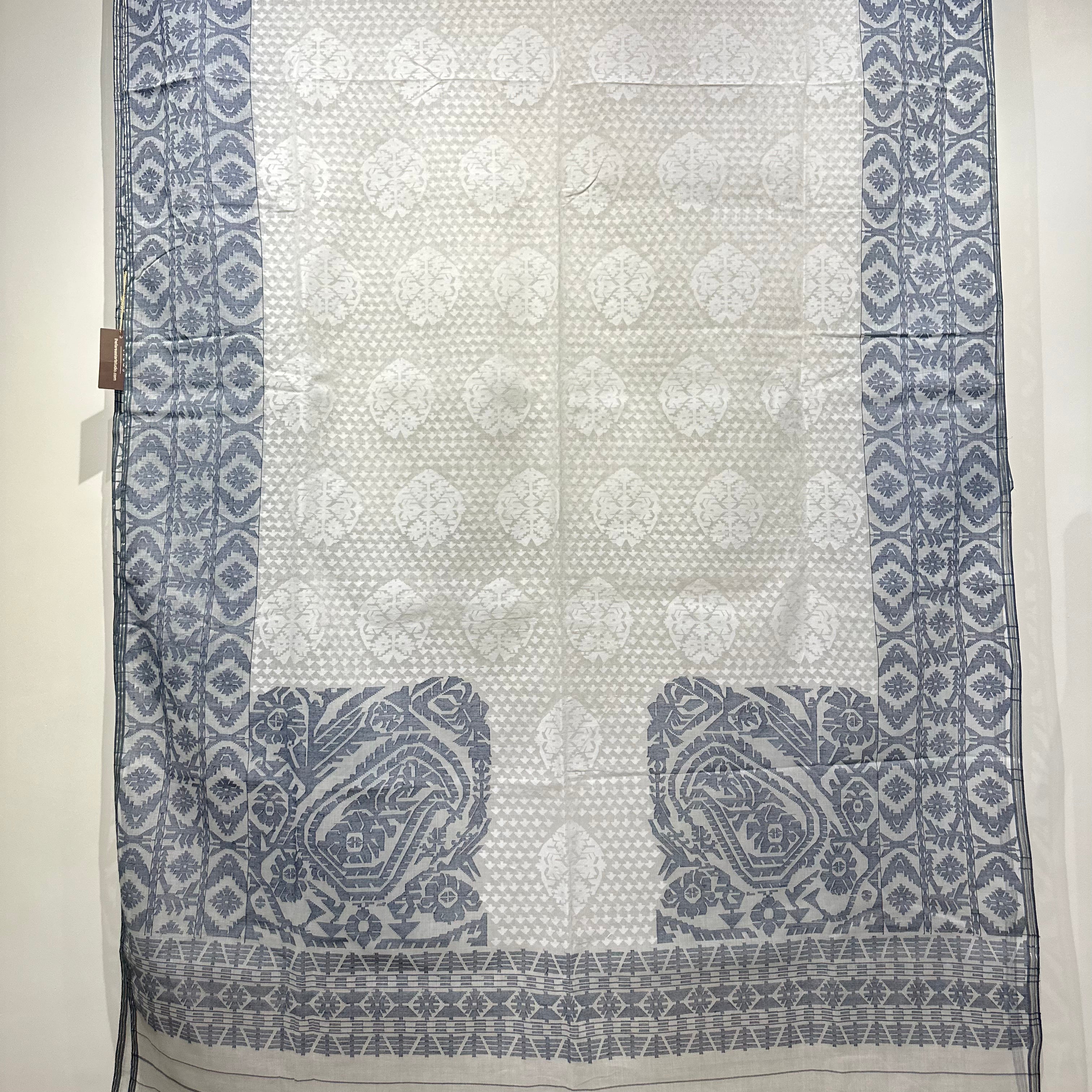White and Grey-Blue Dhakai Jamdani with Koniya