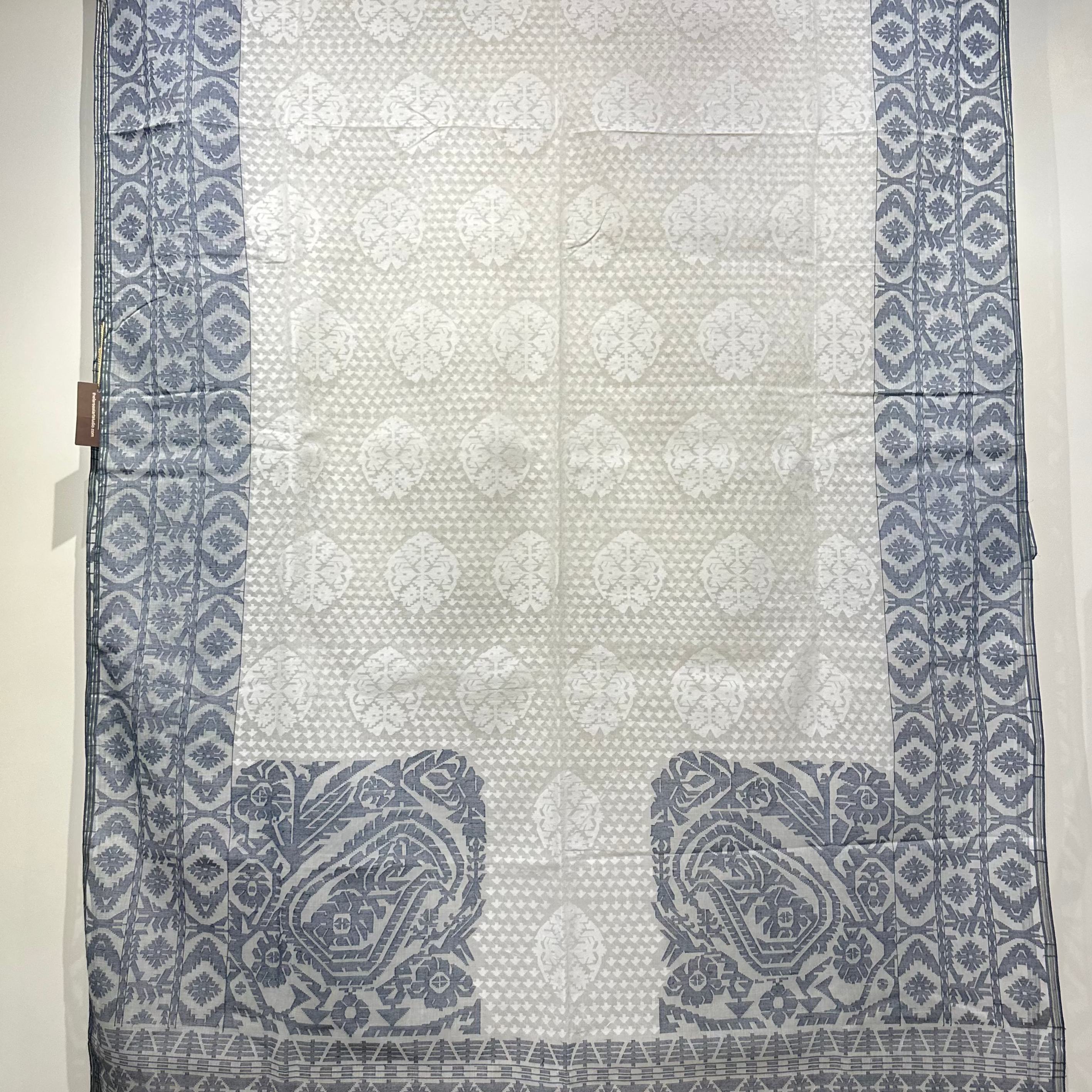 White and Grey-Blue Dhakai Jamdani with Koniya
