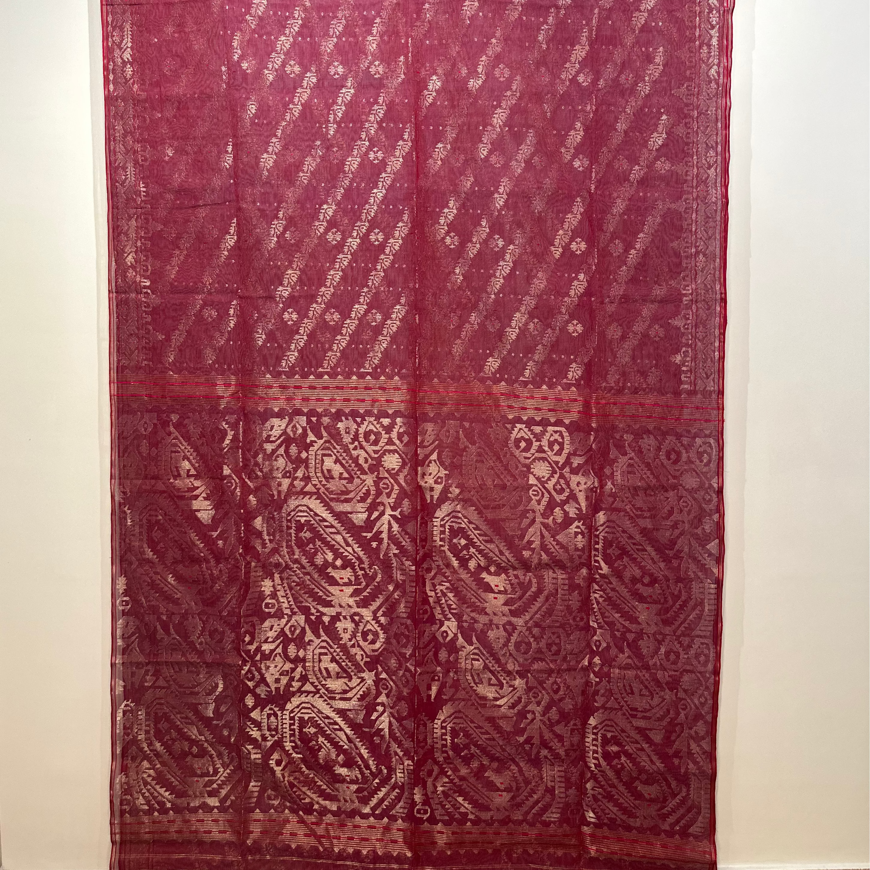 Red shot colour with Golden zari Dhakai Jamdani