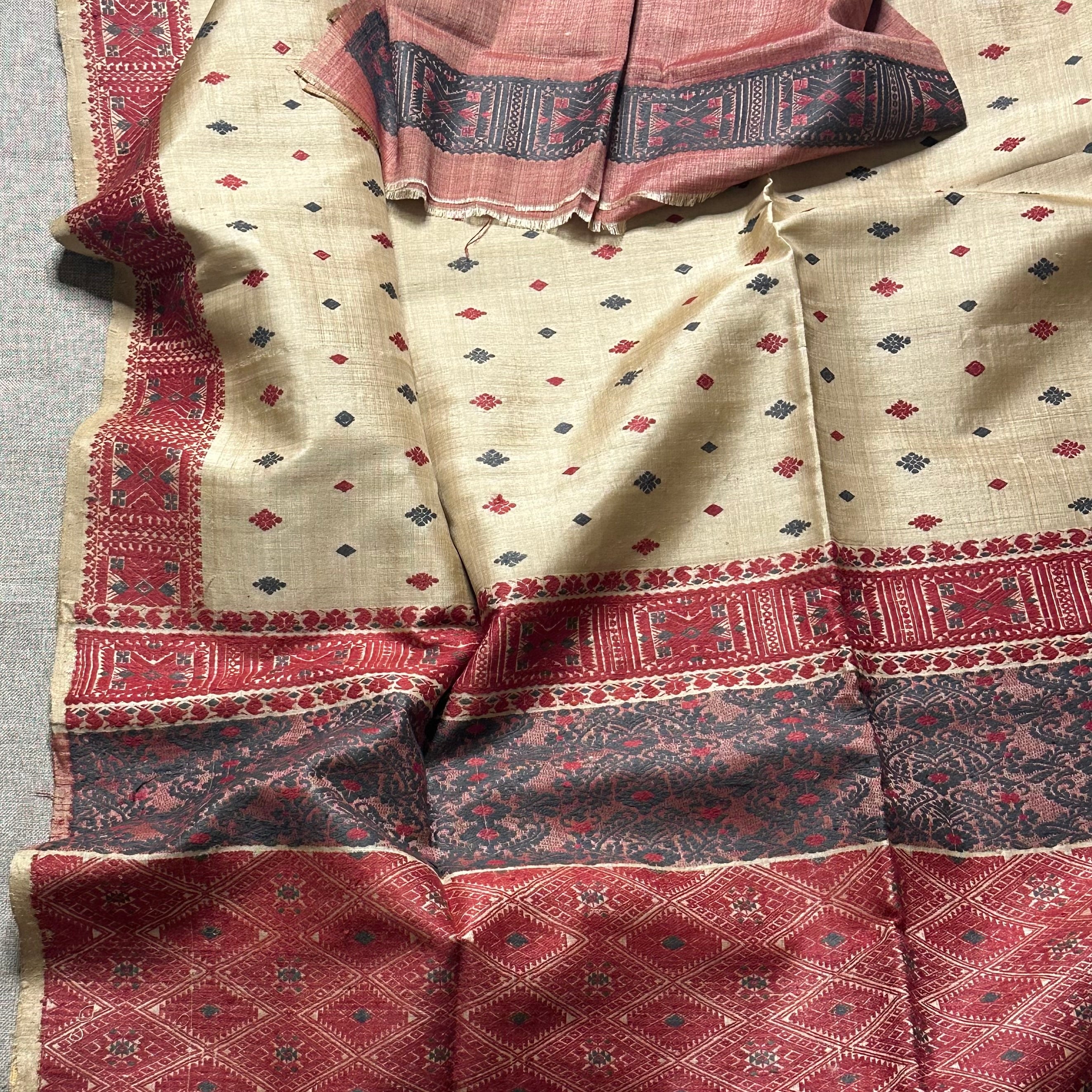 Handwoven Pure Muga Saree with Natural Dyed Red and Grey Eri Extra Weft