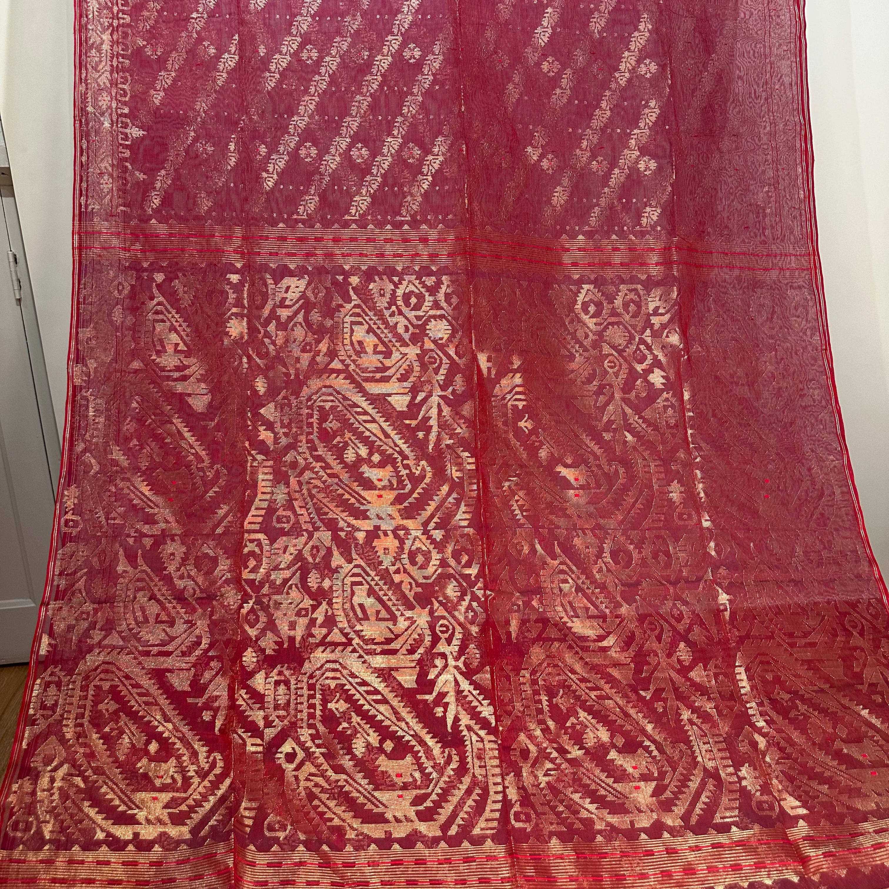 Red shot colour with Golden zari Dhakai Jamdani