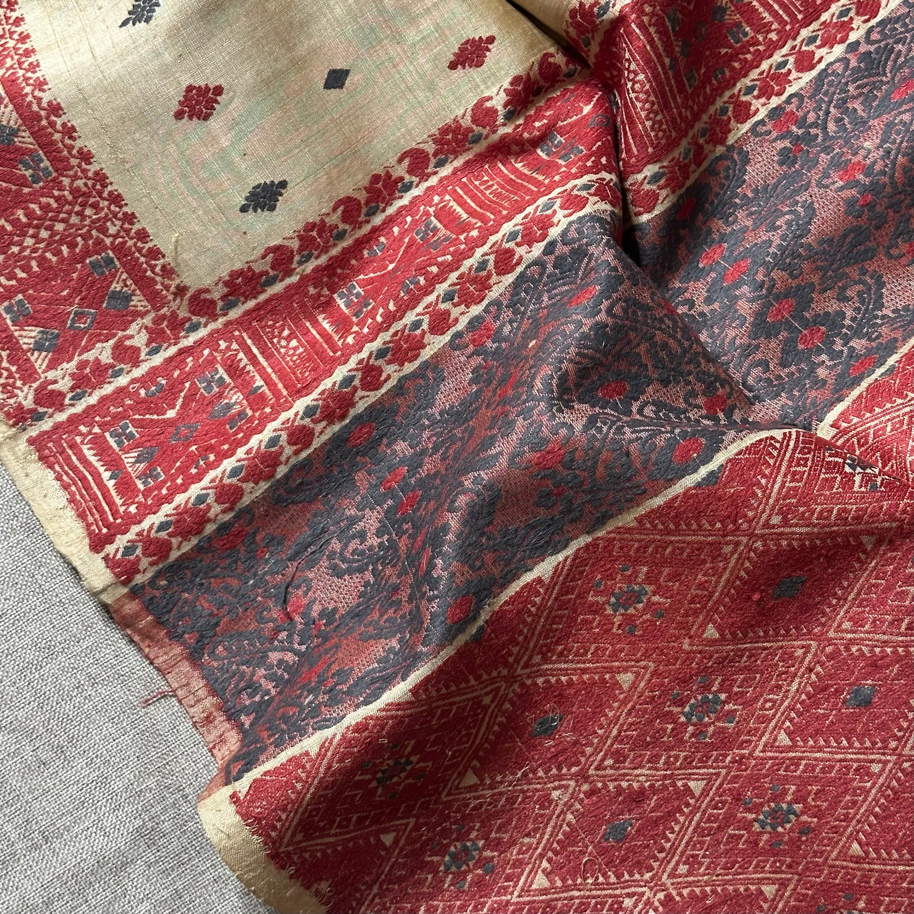 Handwoven Pure Muga Saree with Natural Dyed Red and Grey Eri Extra Weft