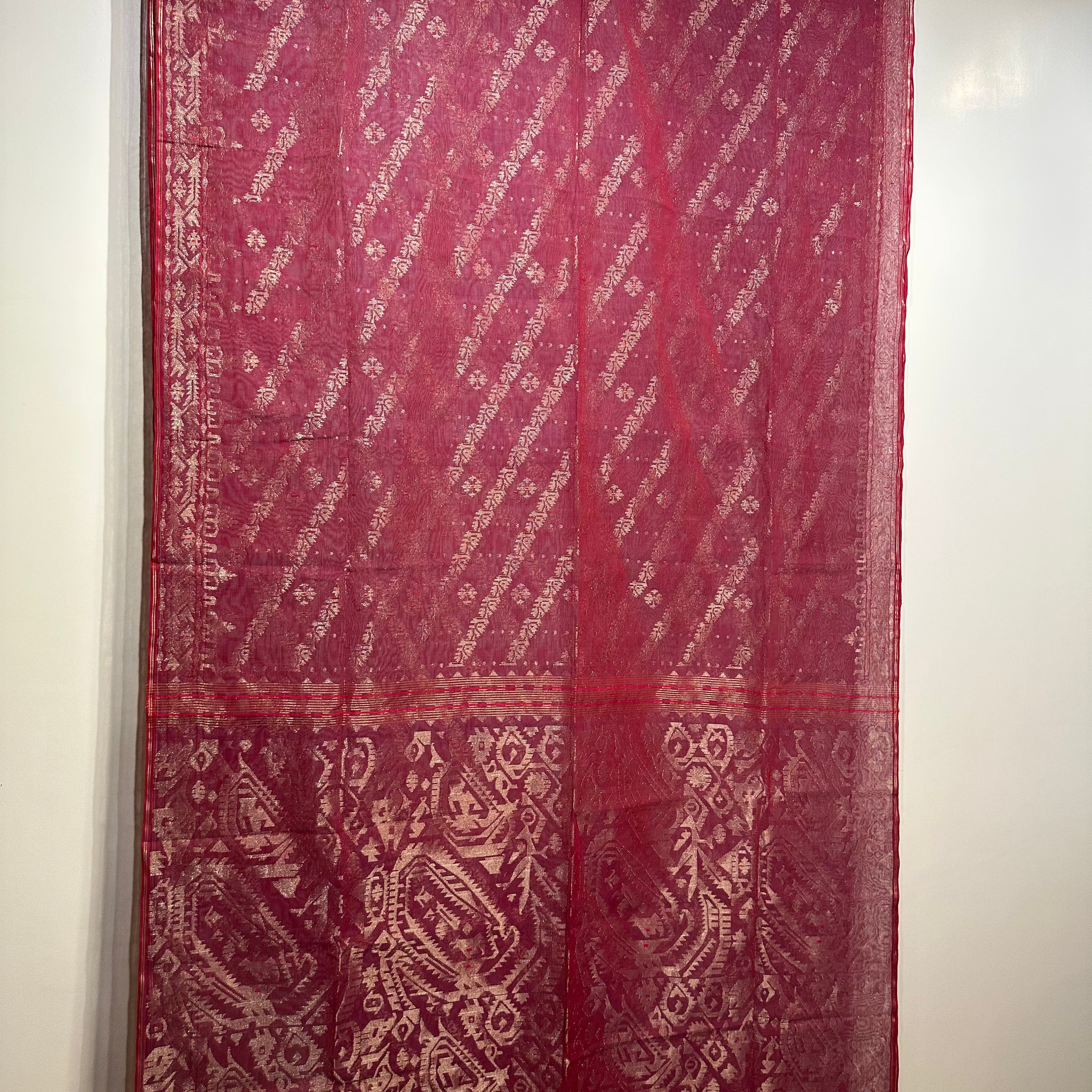Red shot colour with Golden zari Dhakai Jamdani