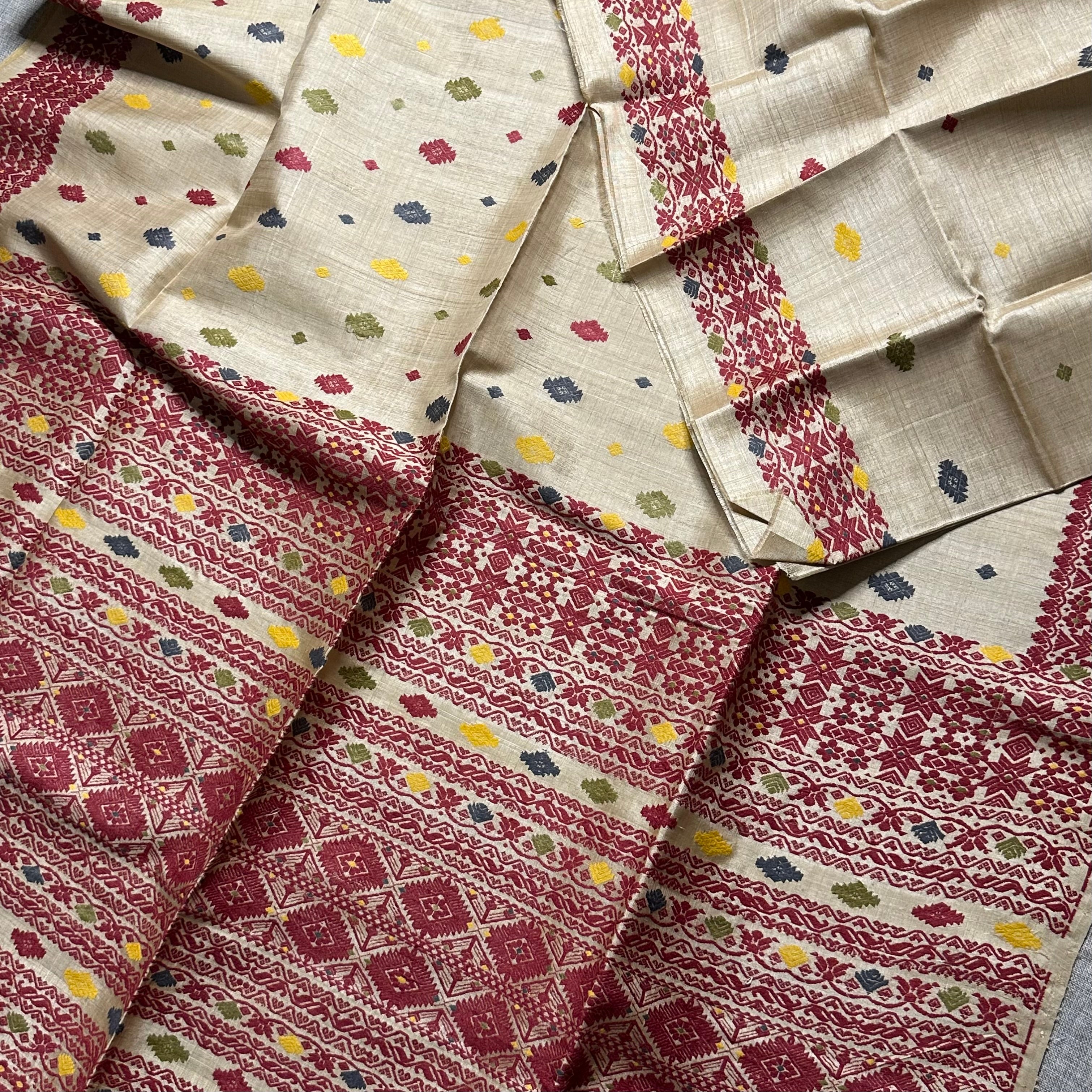 Handwoven Pure Muga Saree with Multicoloured Natural Dyed Eri Extra Weft