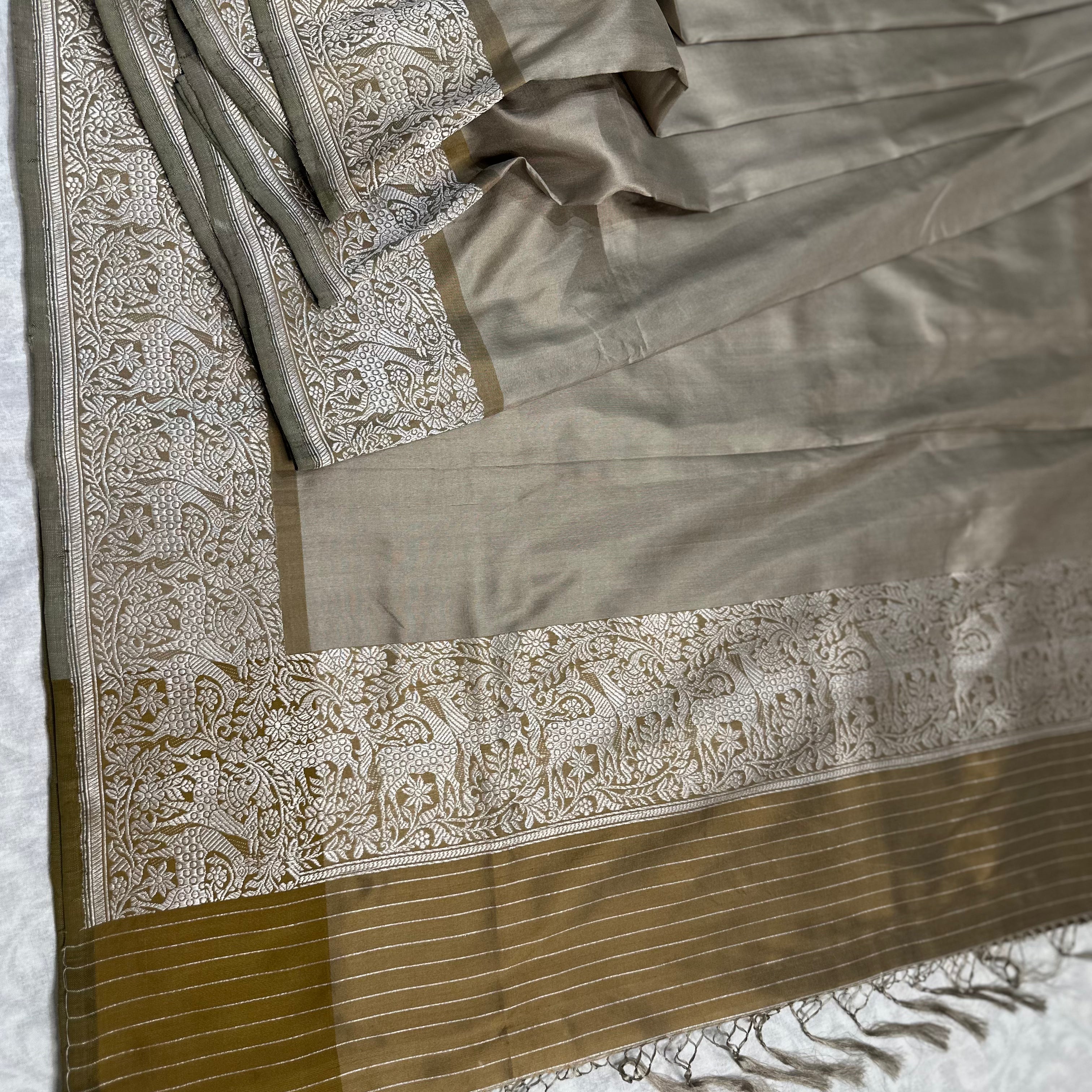 Shikargah Khadwa Benarasi in Grey and Mustard