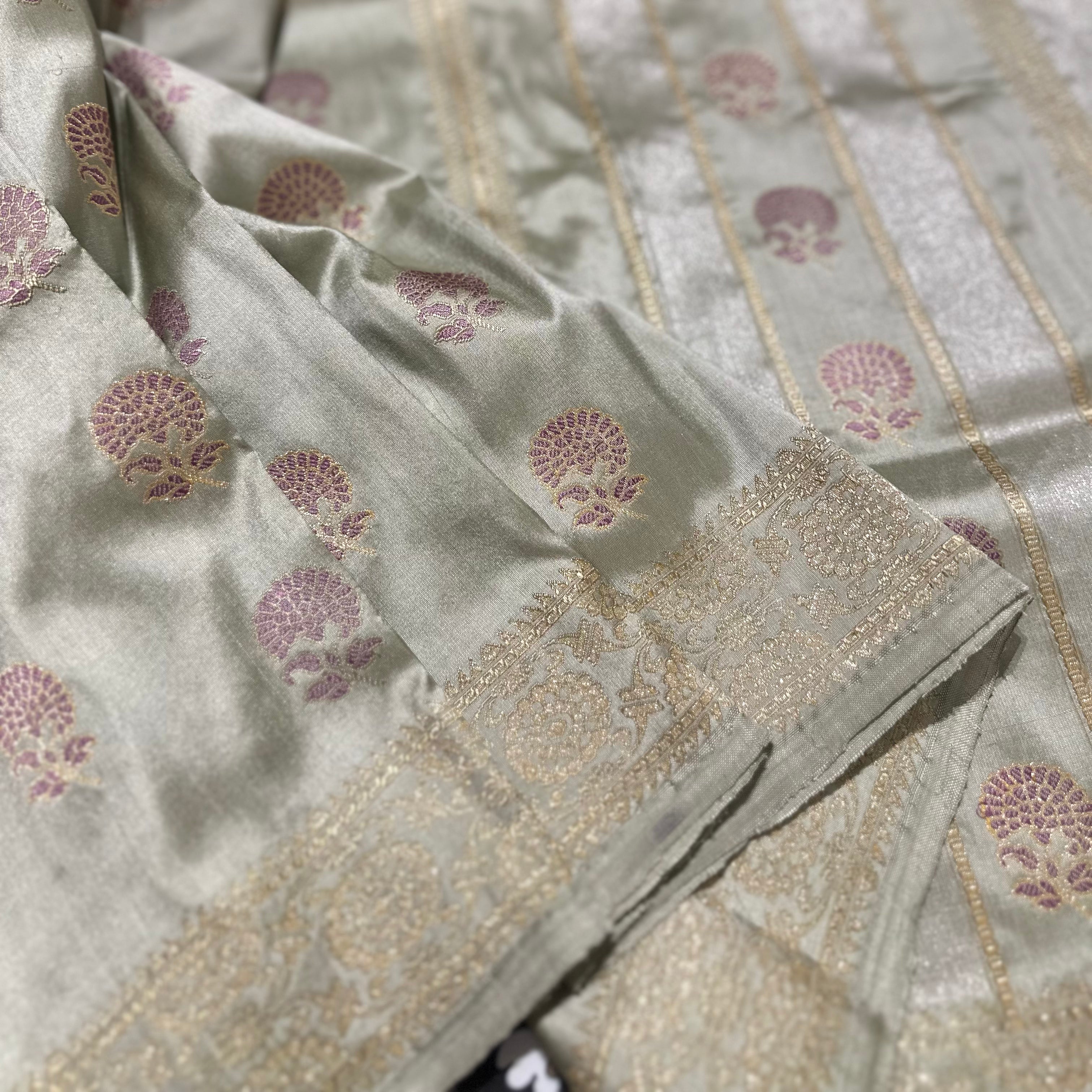 Light Pista and Old Rose colour Marigold Baluchari Saree