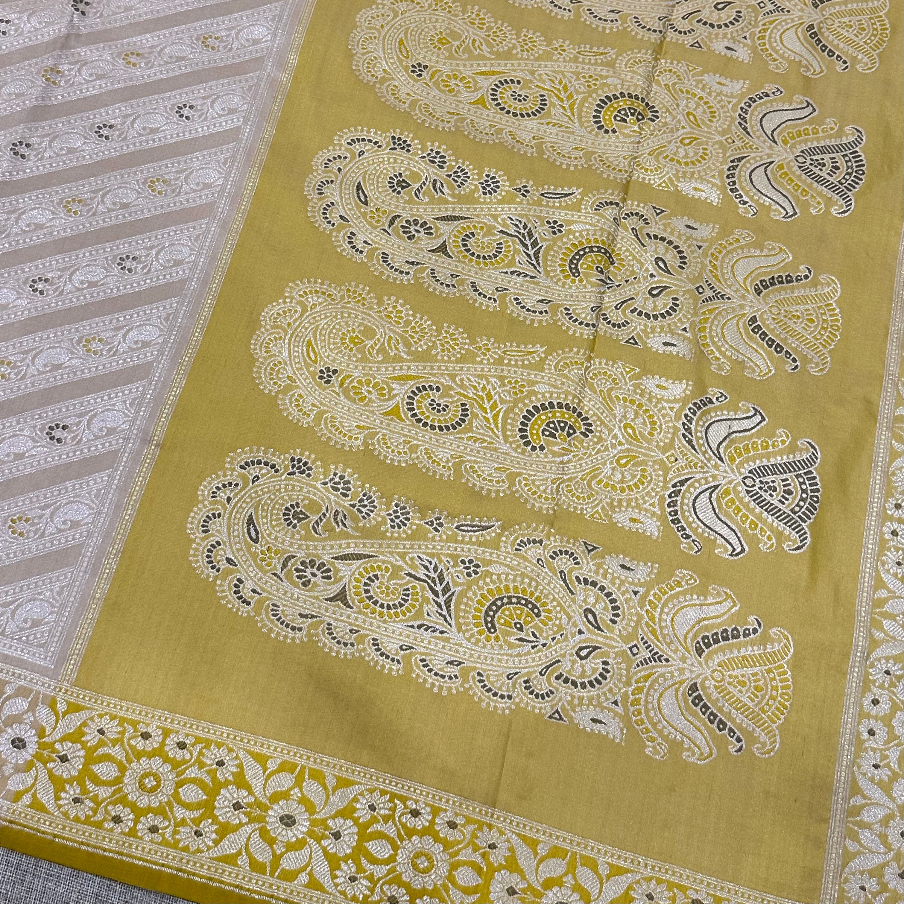 Beige and Yellow Ada Baluchari Saree with Paisleys in the Palla