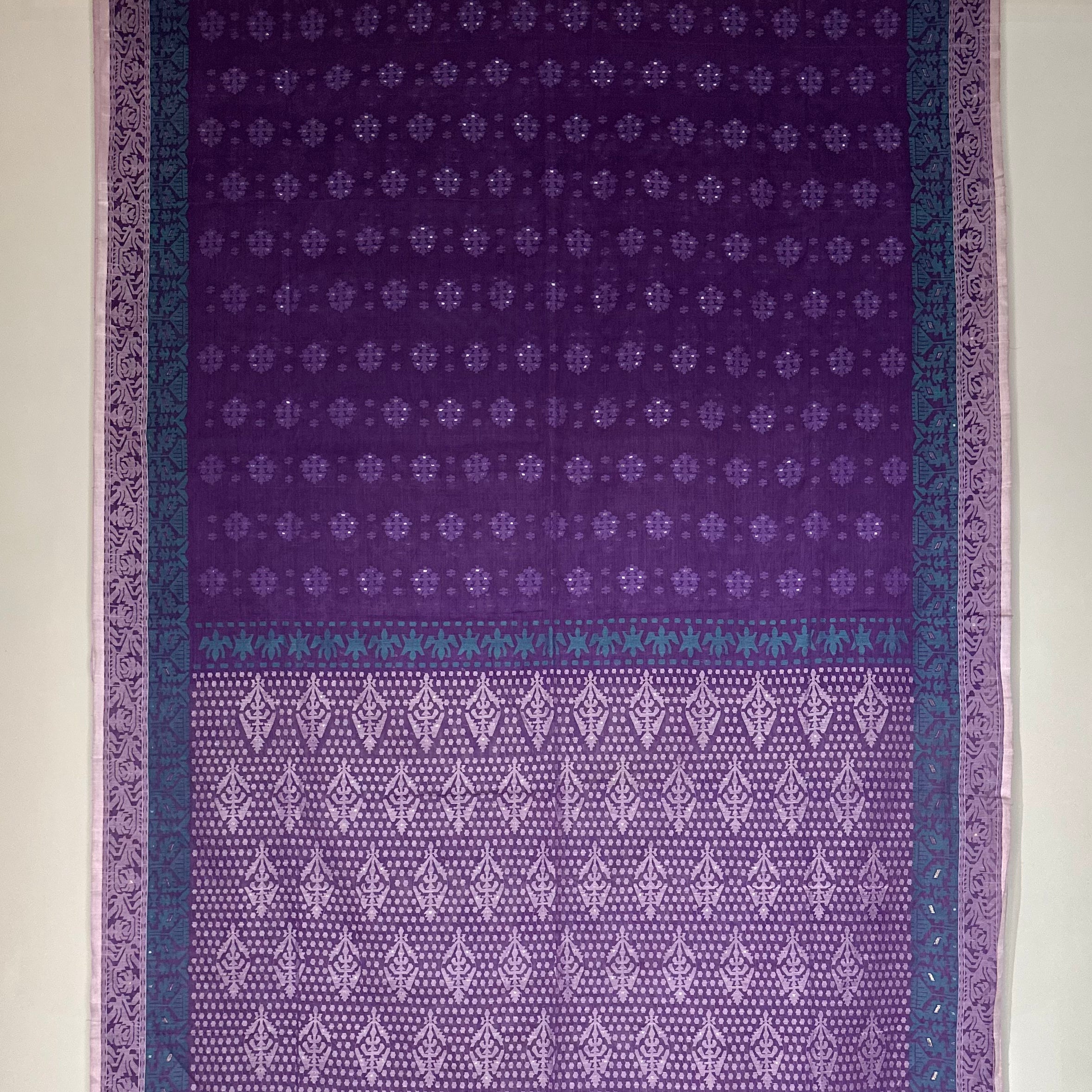 Purple with light pink and turquoise Grand Dhakai Jamdani
