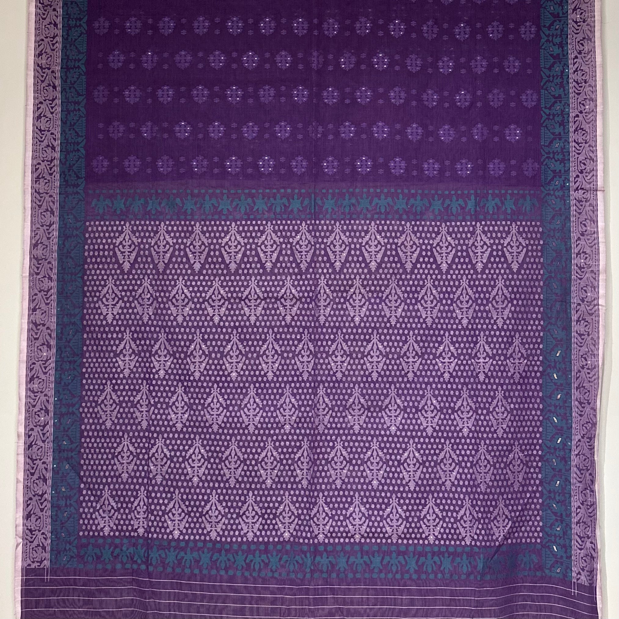 Purple with light pink and turquoise Grand Dhakai Jamdani