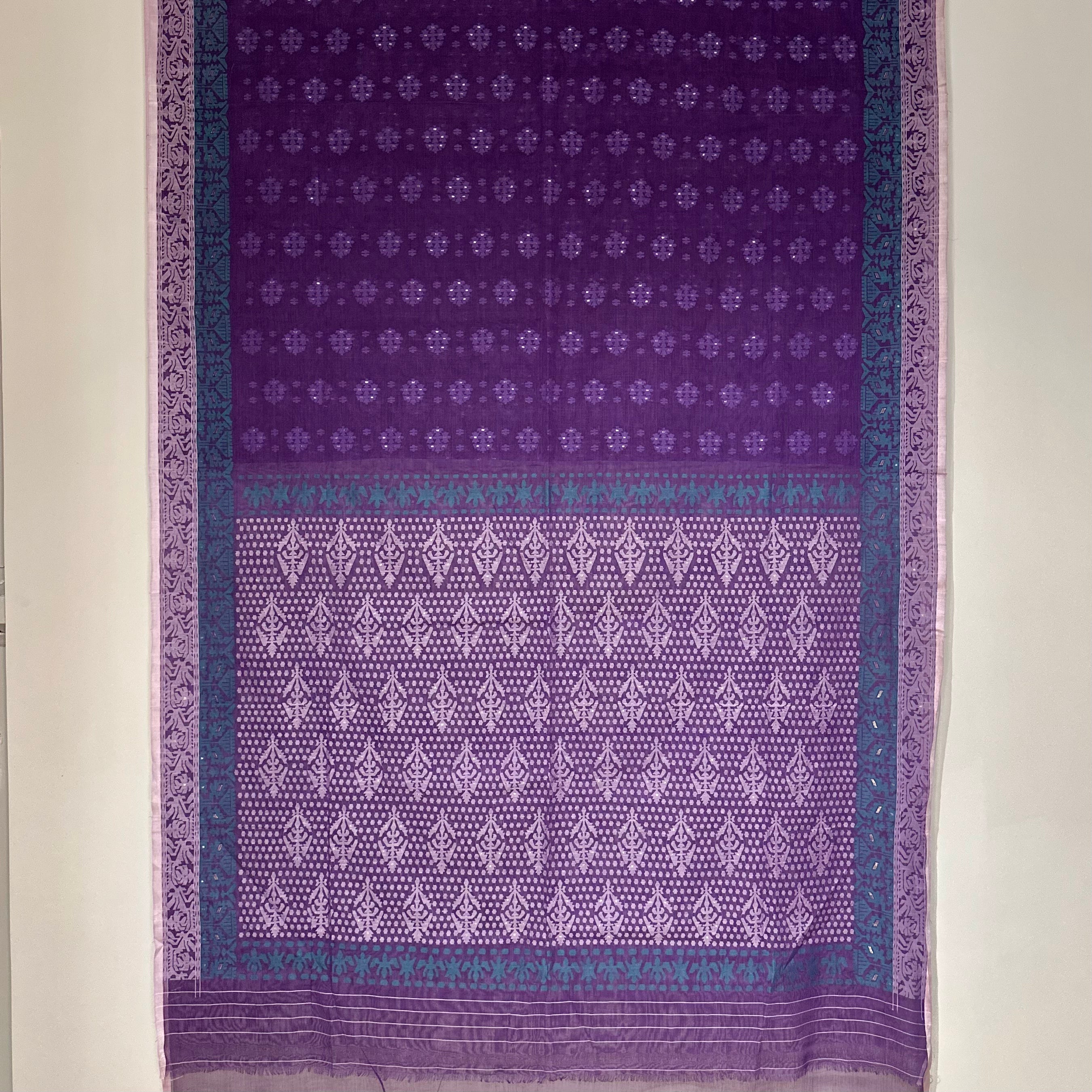 Purple with light pink and turquoise Grand Dhakai Jamdani