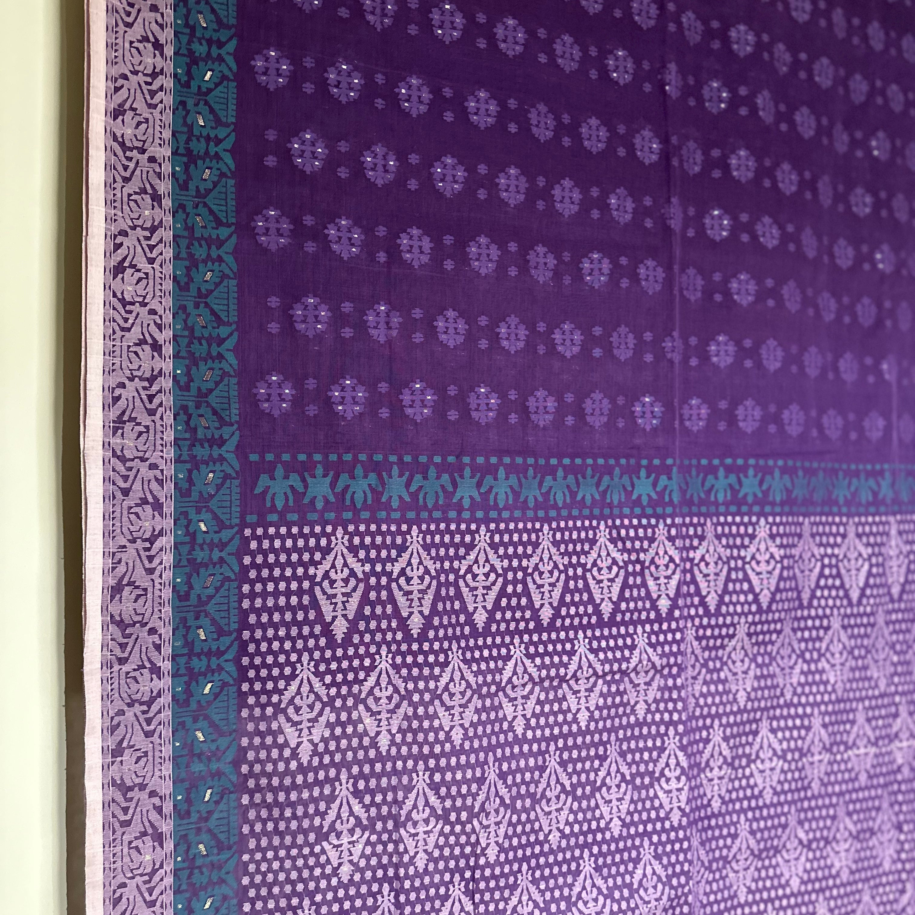 Purple with light pink and turquoise Grand Dhakai Jamdani