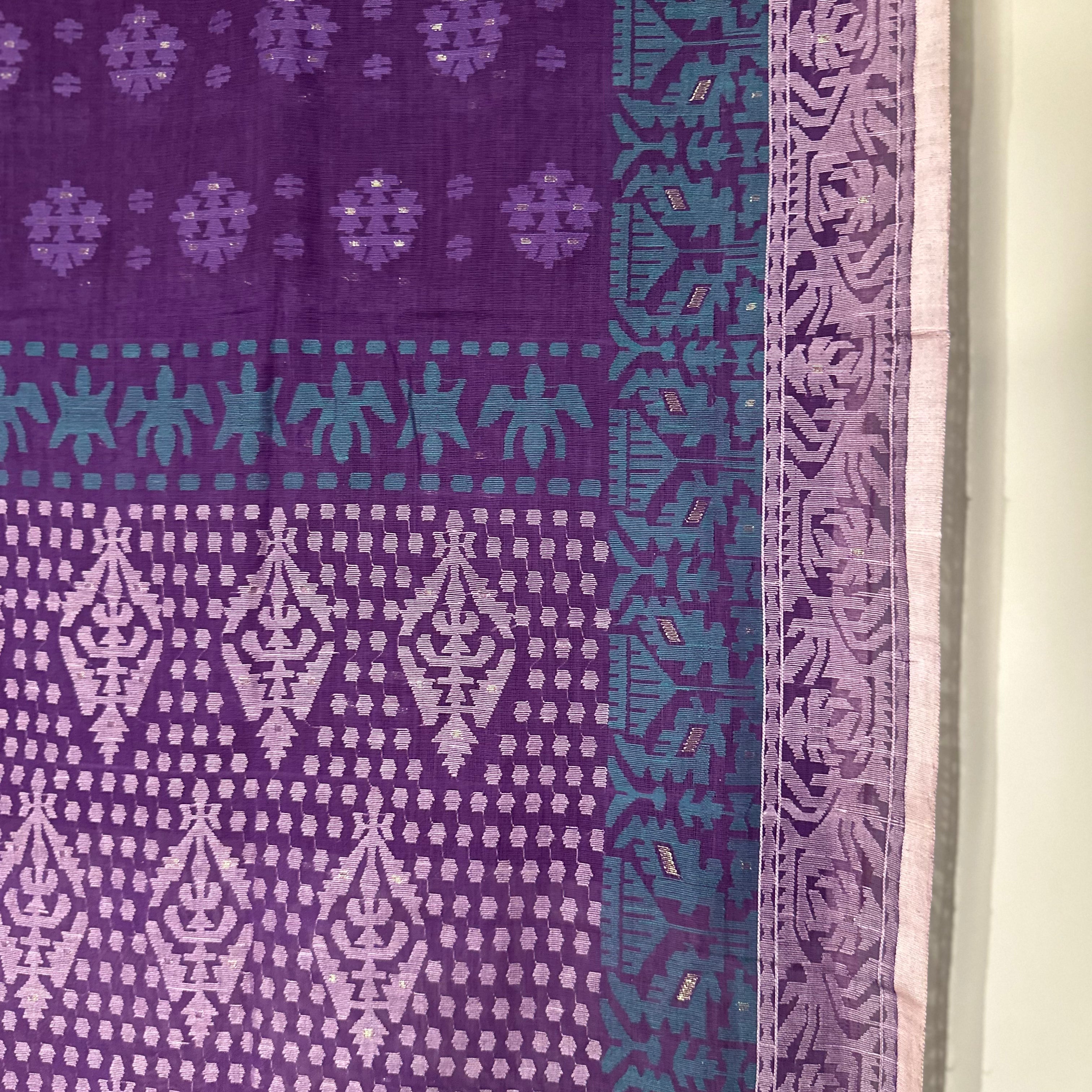 Purple with light pink and turquoise Grand Dhakai Jamdani