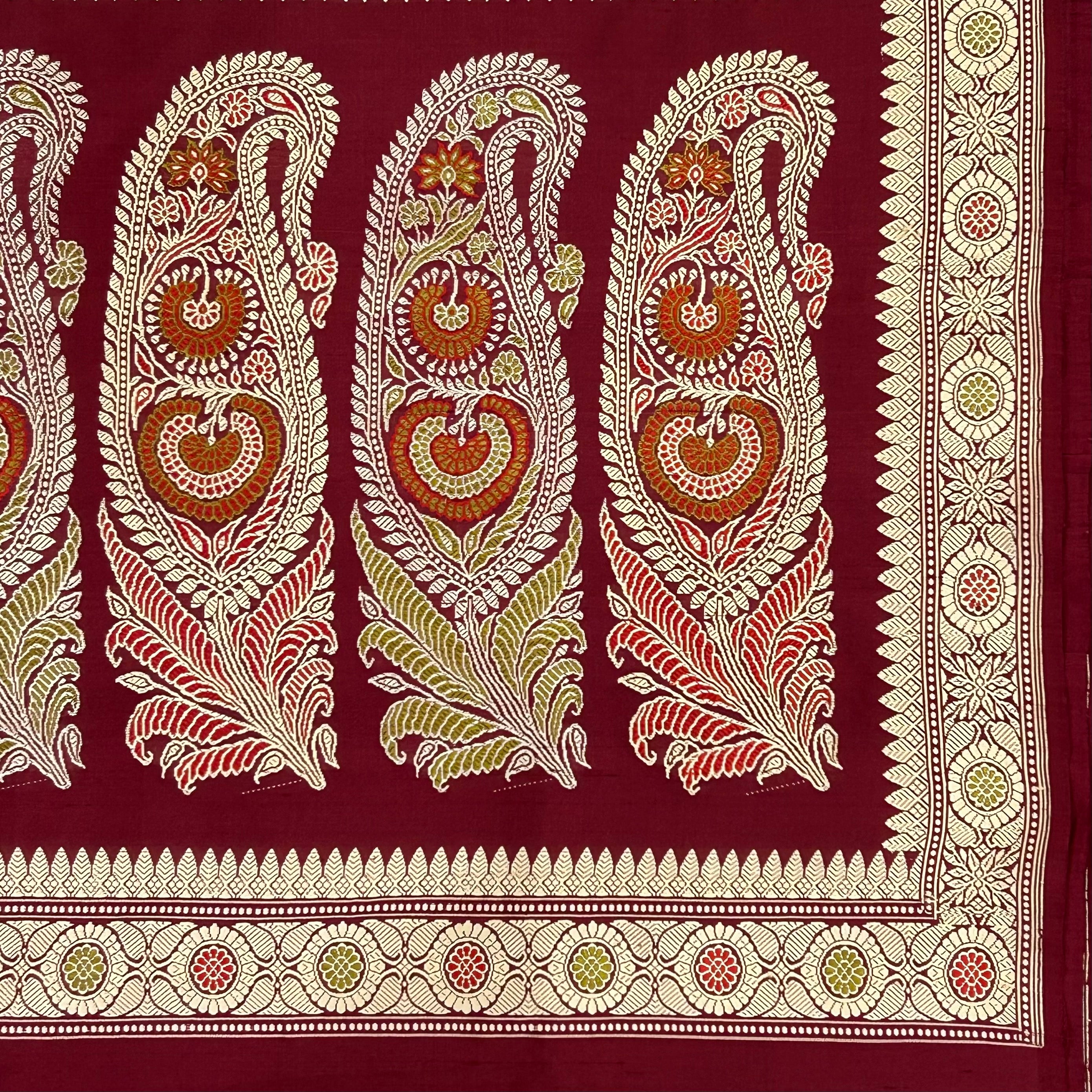 Maroon Ada Revival Baluchari with Pistachio and Red Minakari