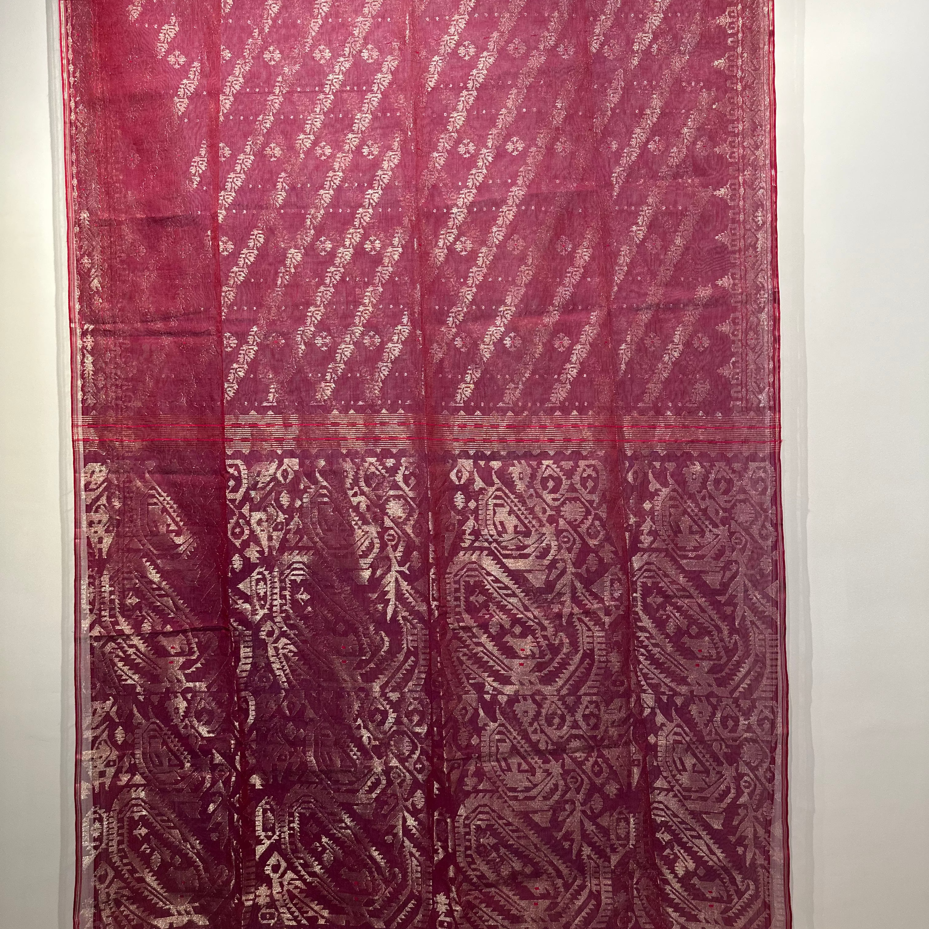 Red shot colour with Golden zari Dhakai Jamdani