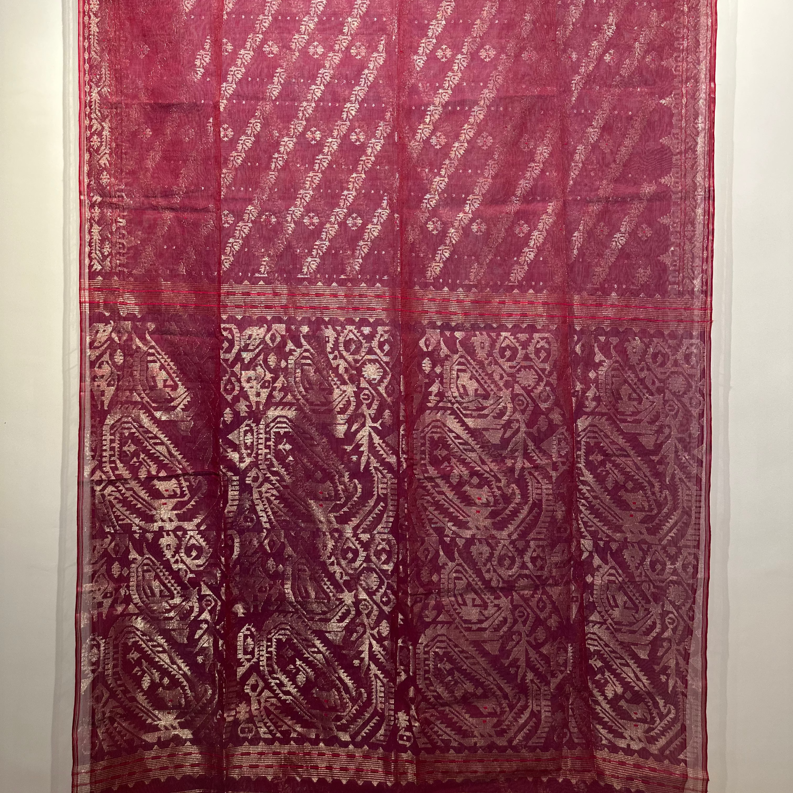 Red shot colour with Golden zari Dhakai Jamdani