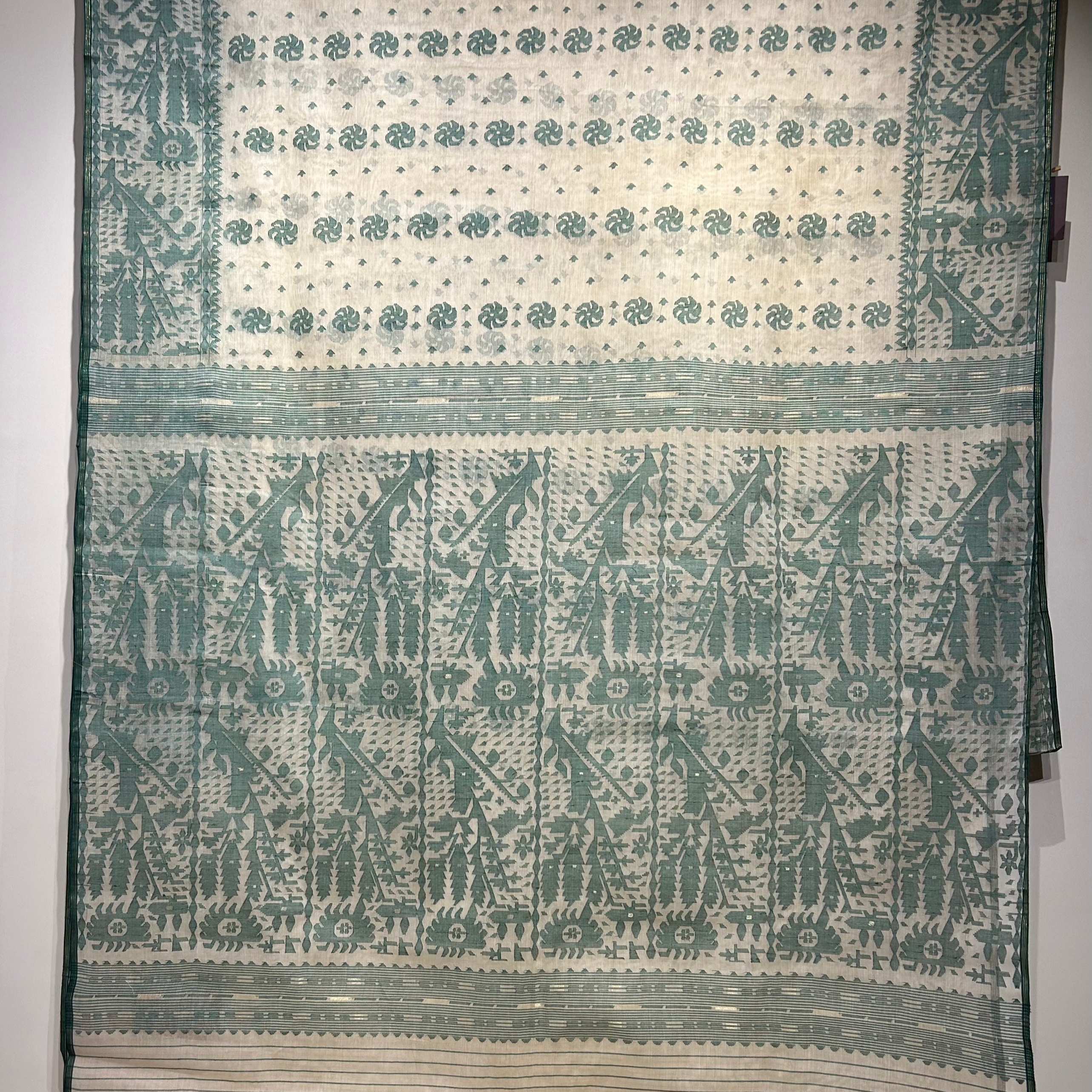 Beige and Green Dhakai Jamdani