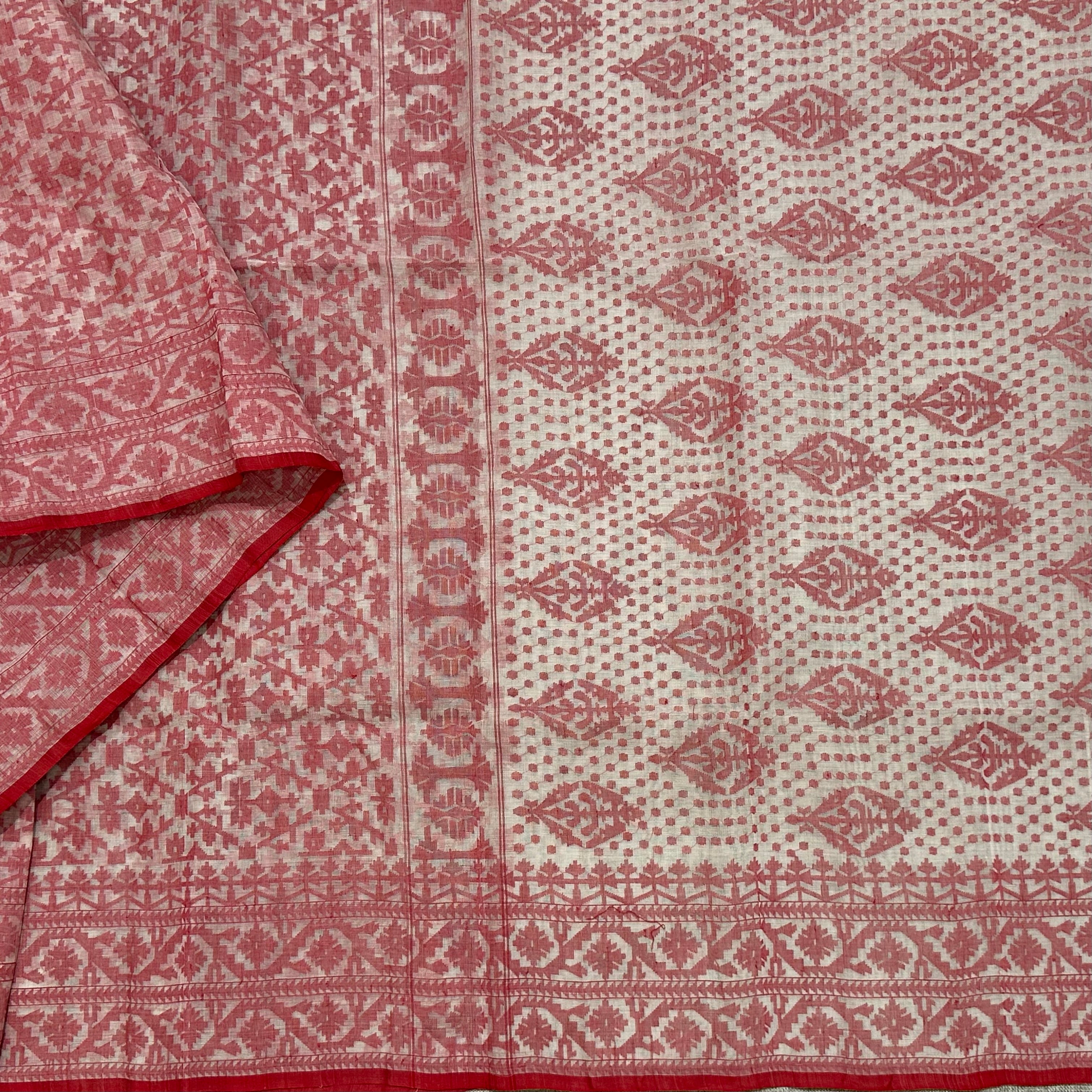 White and Maroonish Red Grand Dhakai Jamdani Saree
