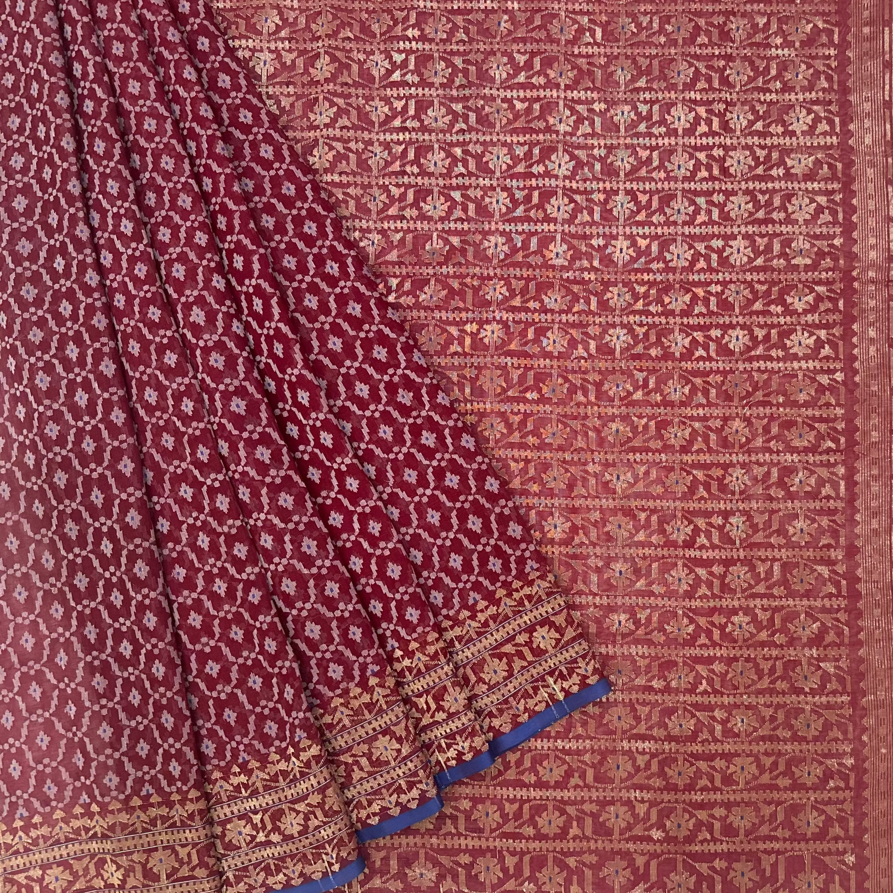 Dark Red with Golden and White Jaal Dhakai Jamdani