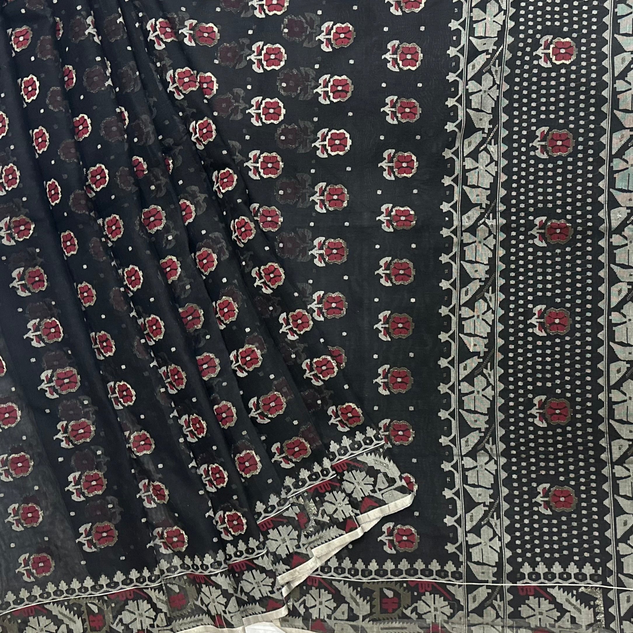 Black Red Floral Dhakai Jamdani