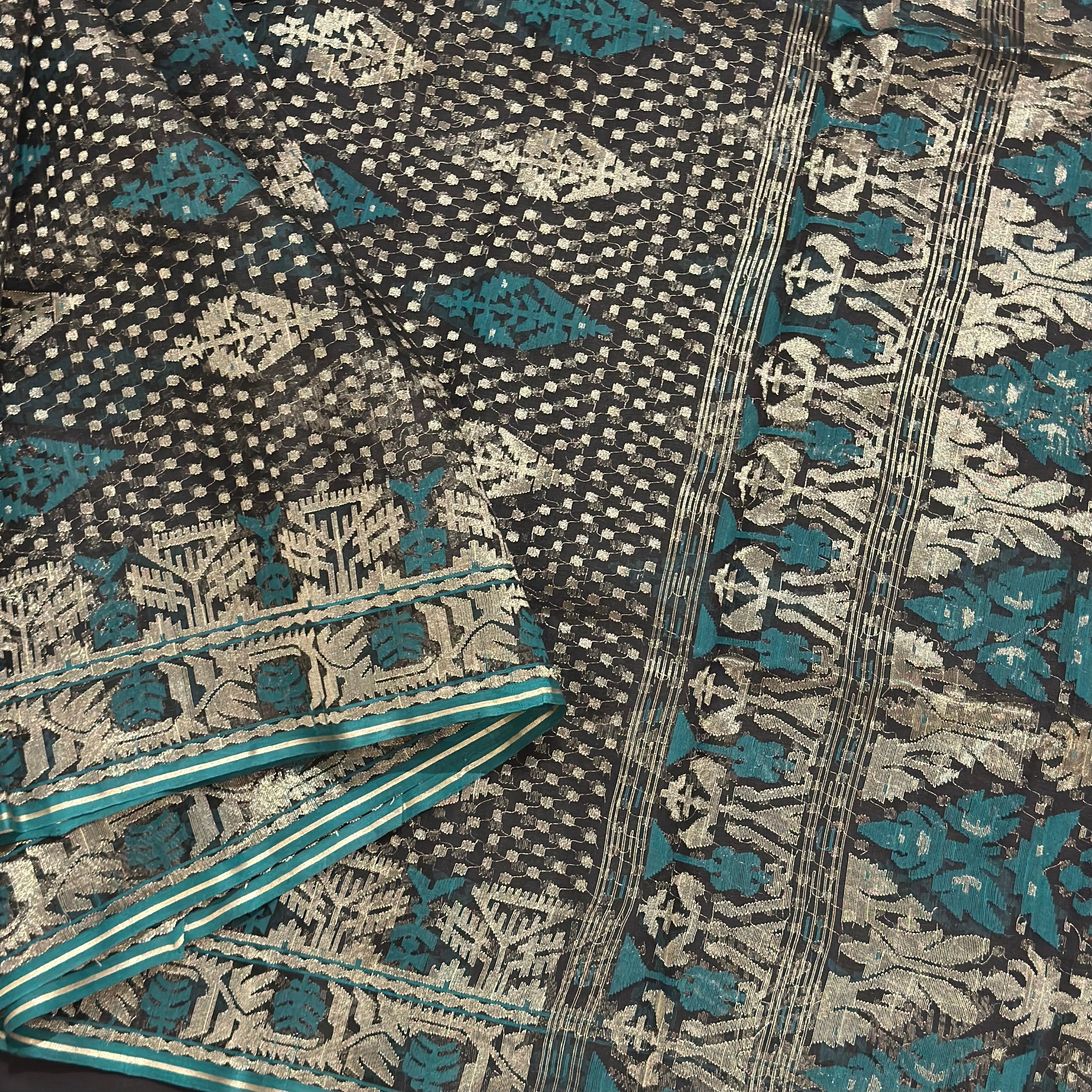 Black with Golden Zari and Green buti Dhakai Jamdani