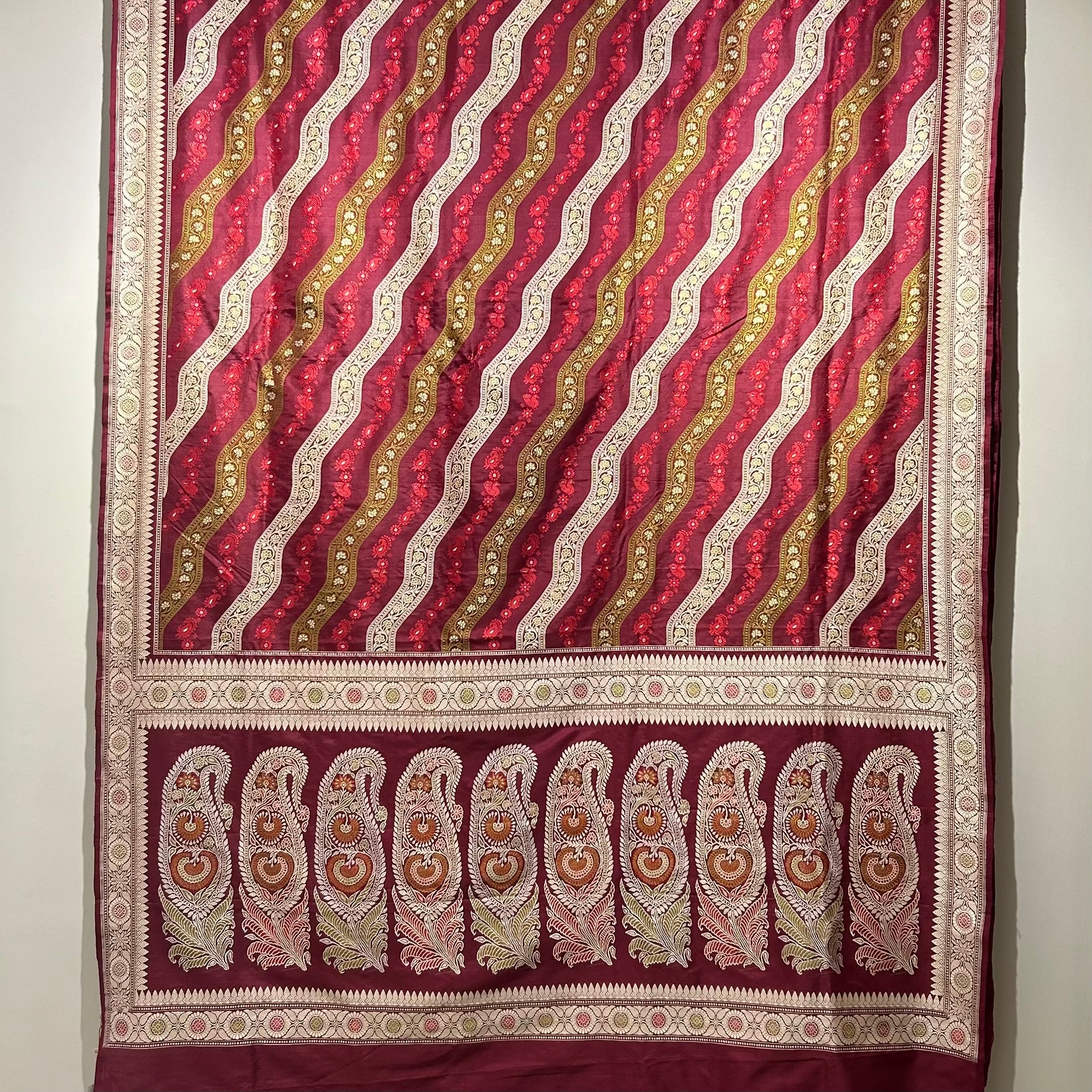 Maroon Ada Revival Baluchari with Pistachio and Red Minakari