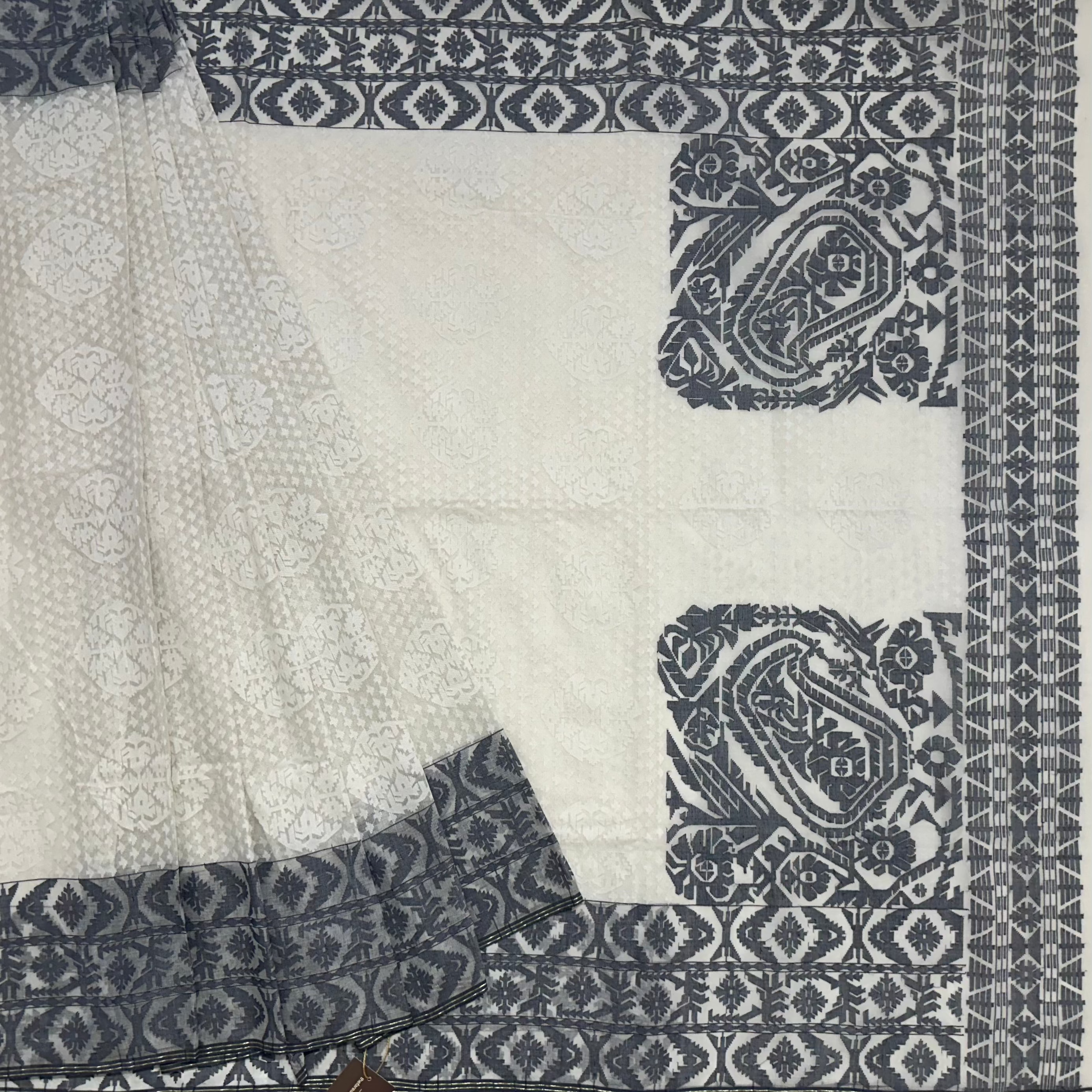 White and Grey-Blue Dhakai Jamdani with Koniya