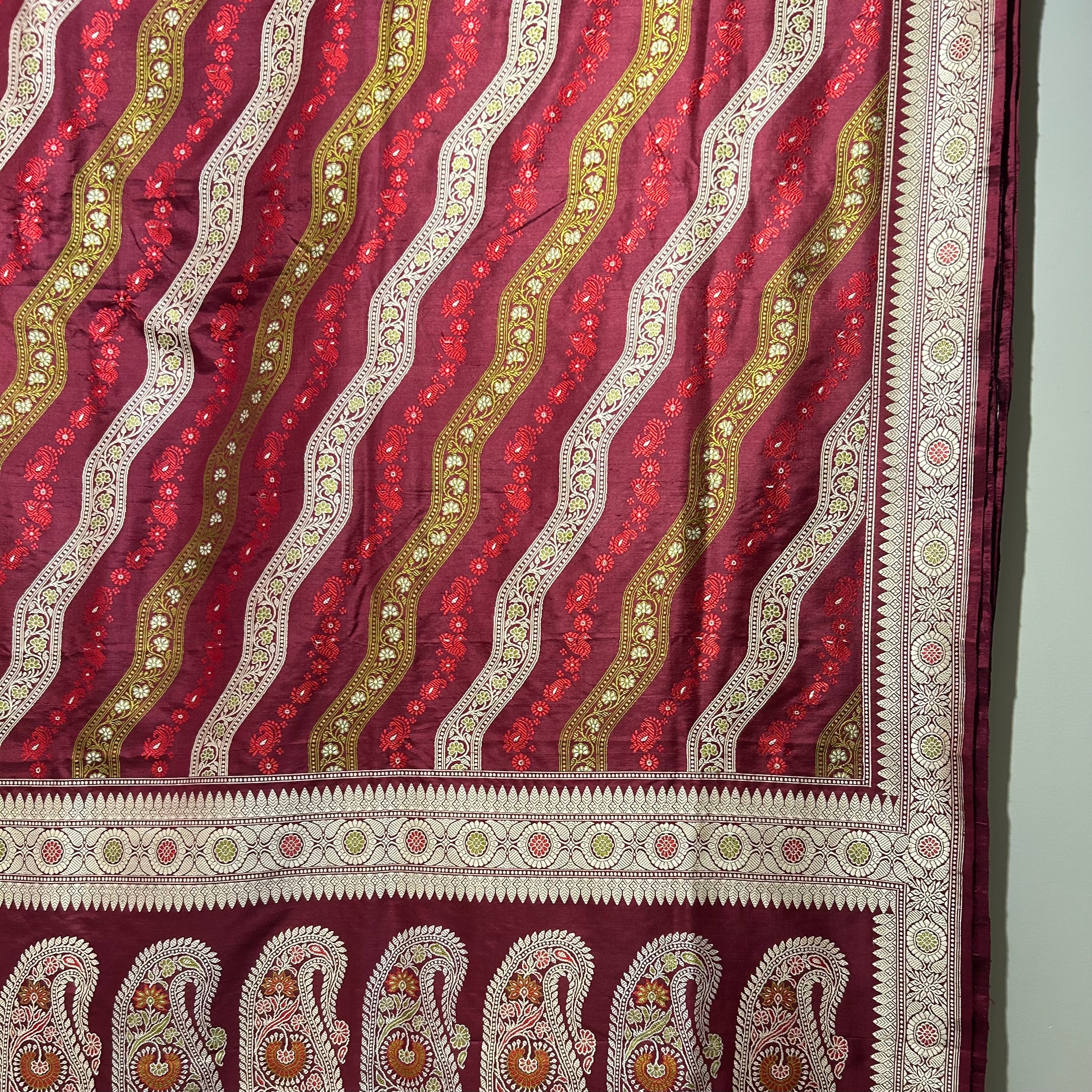 Maroon Ada Revival Baluchari with Pistachio and Red Minakari