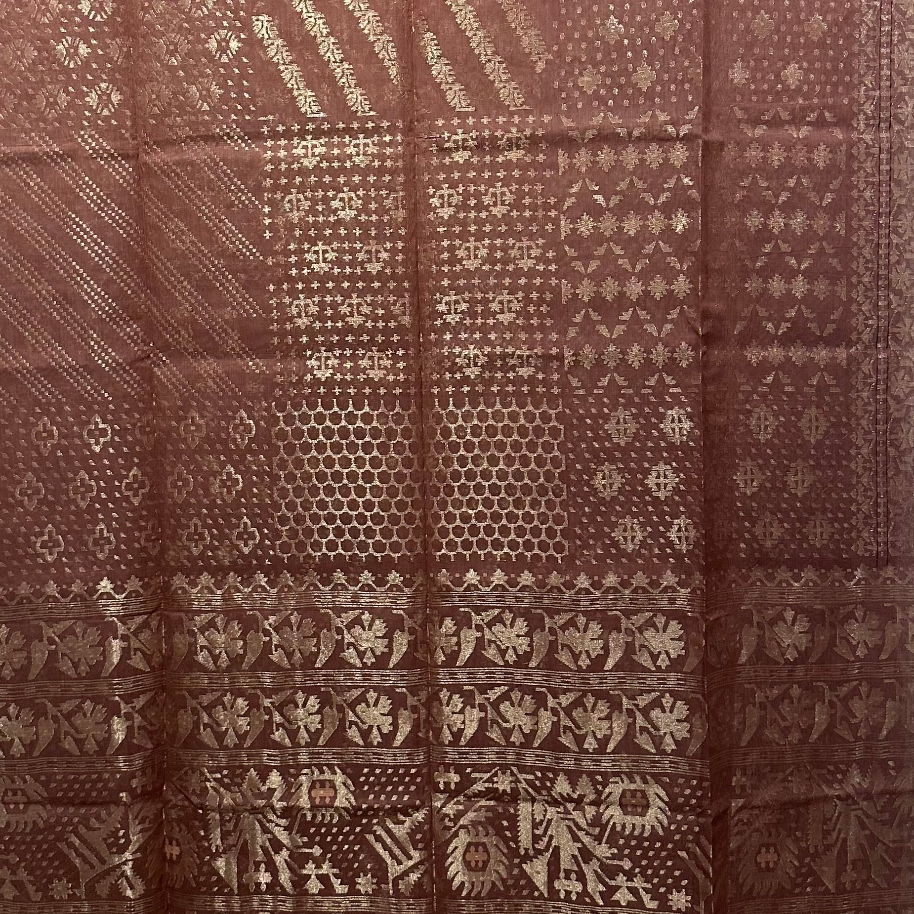 Brown Handspun 200 Count Dhakai Jamdani Masterpiece with 16 Different Motifs