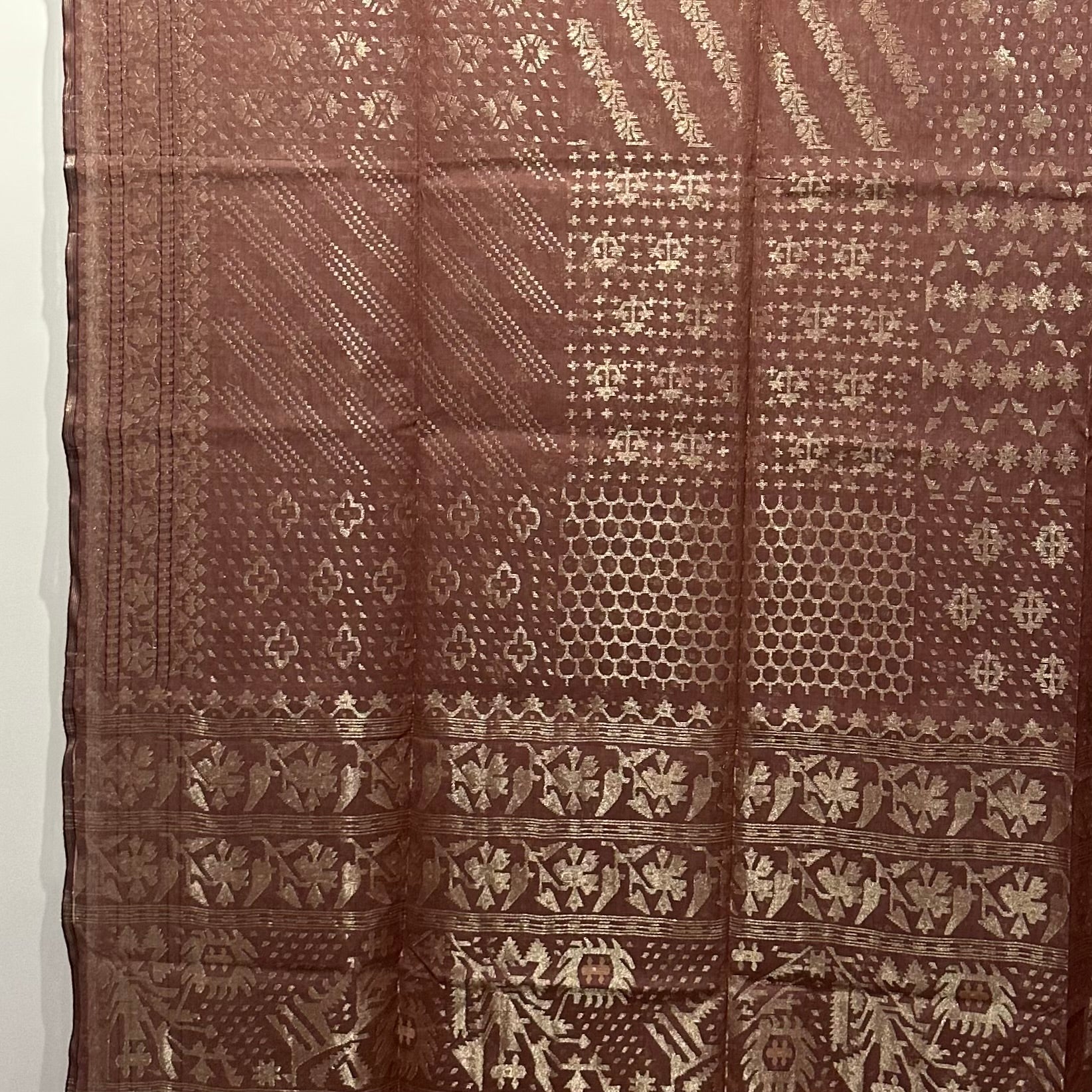 Brown Handspun 200 Count Dhakai Jamdani Masterpiece with 16 Different Motifs