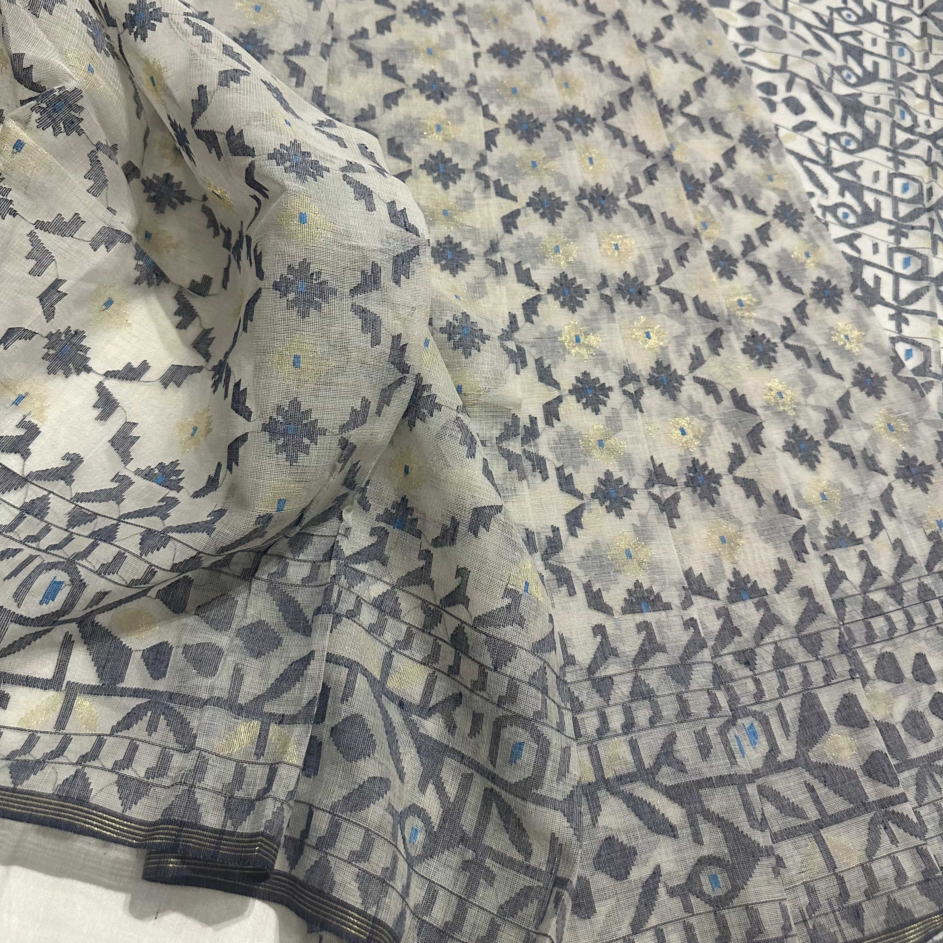 White and Blue Jaal Dhakai Jamdani Saree