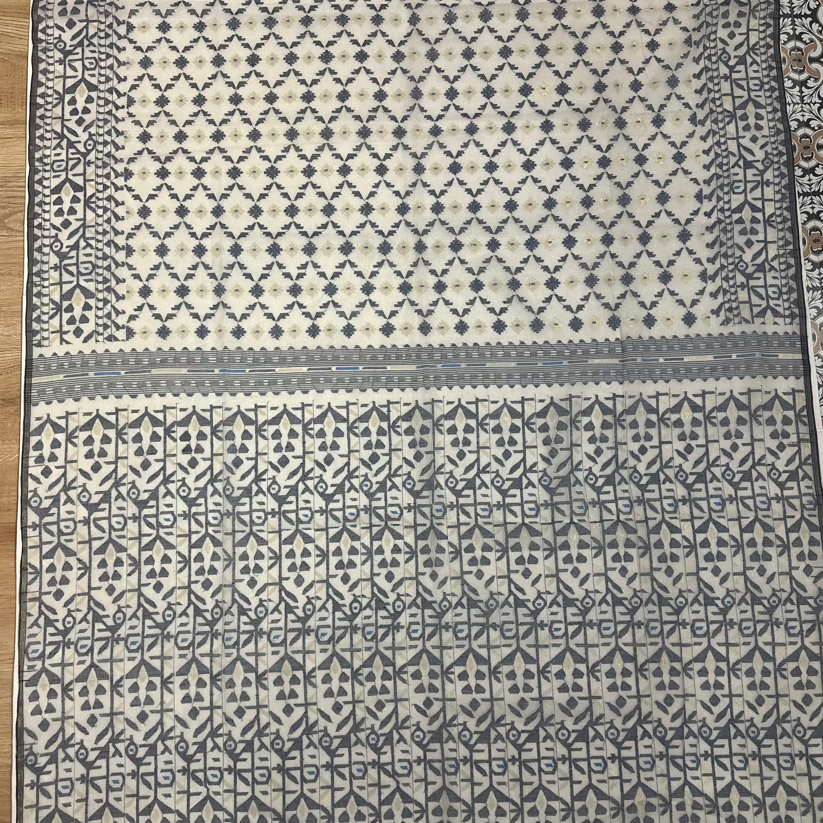 White and Blue Jaal Dhakai Jamdani Saree