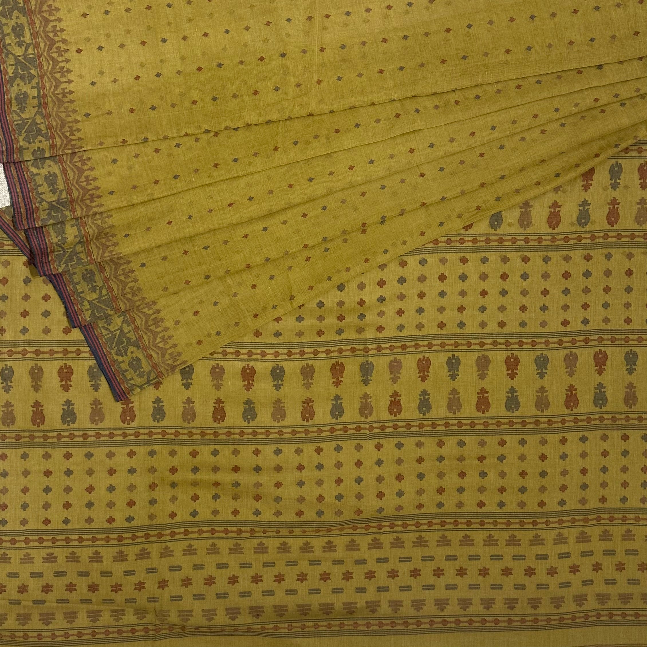 Beige/Light Mehendi Green Natural Dyed Dhakai Jamdani