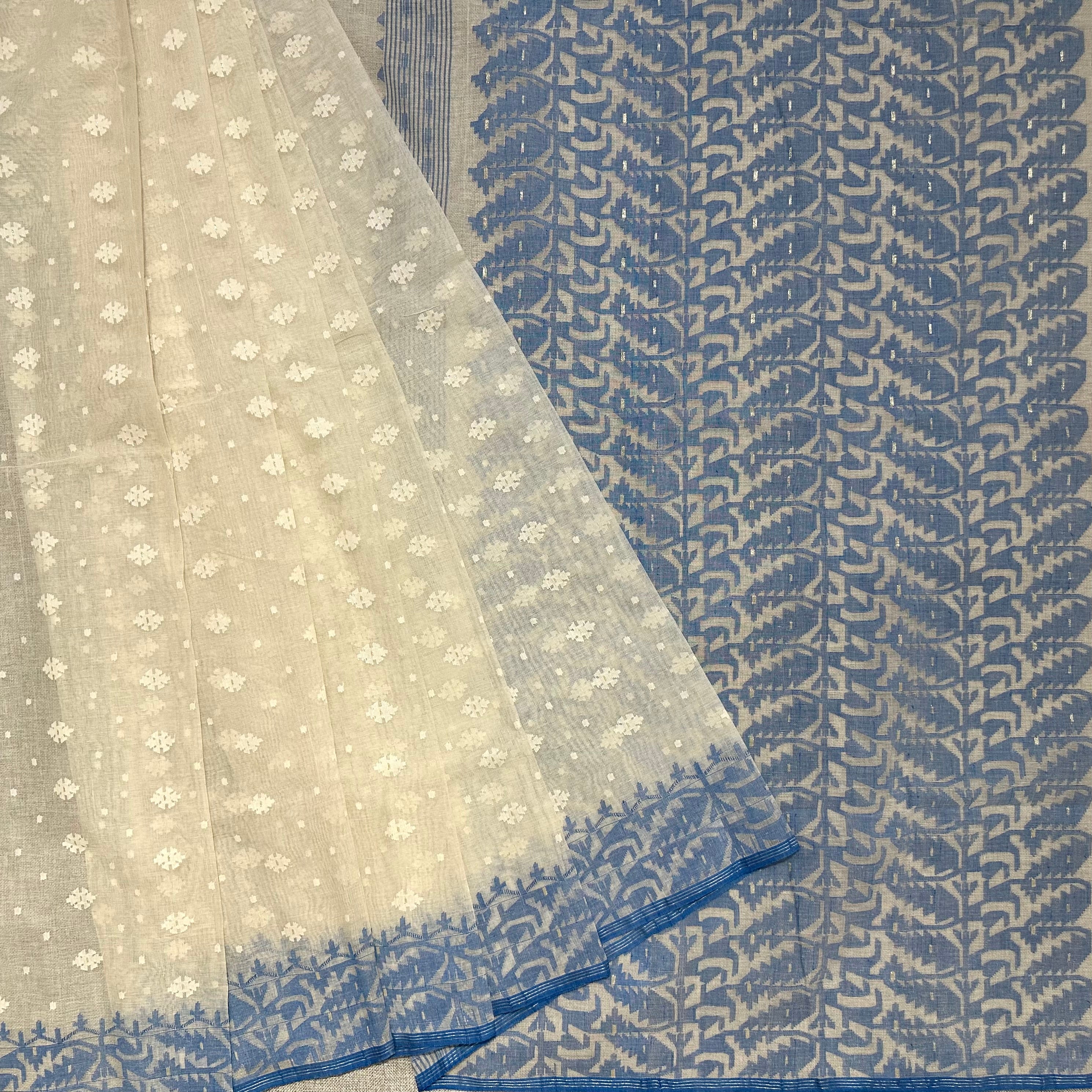 White and Blue Dhakai Jamdani