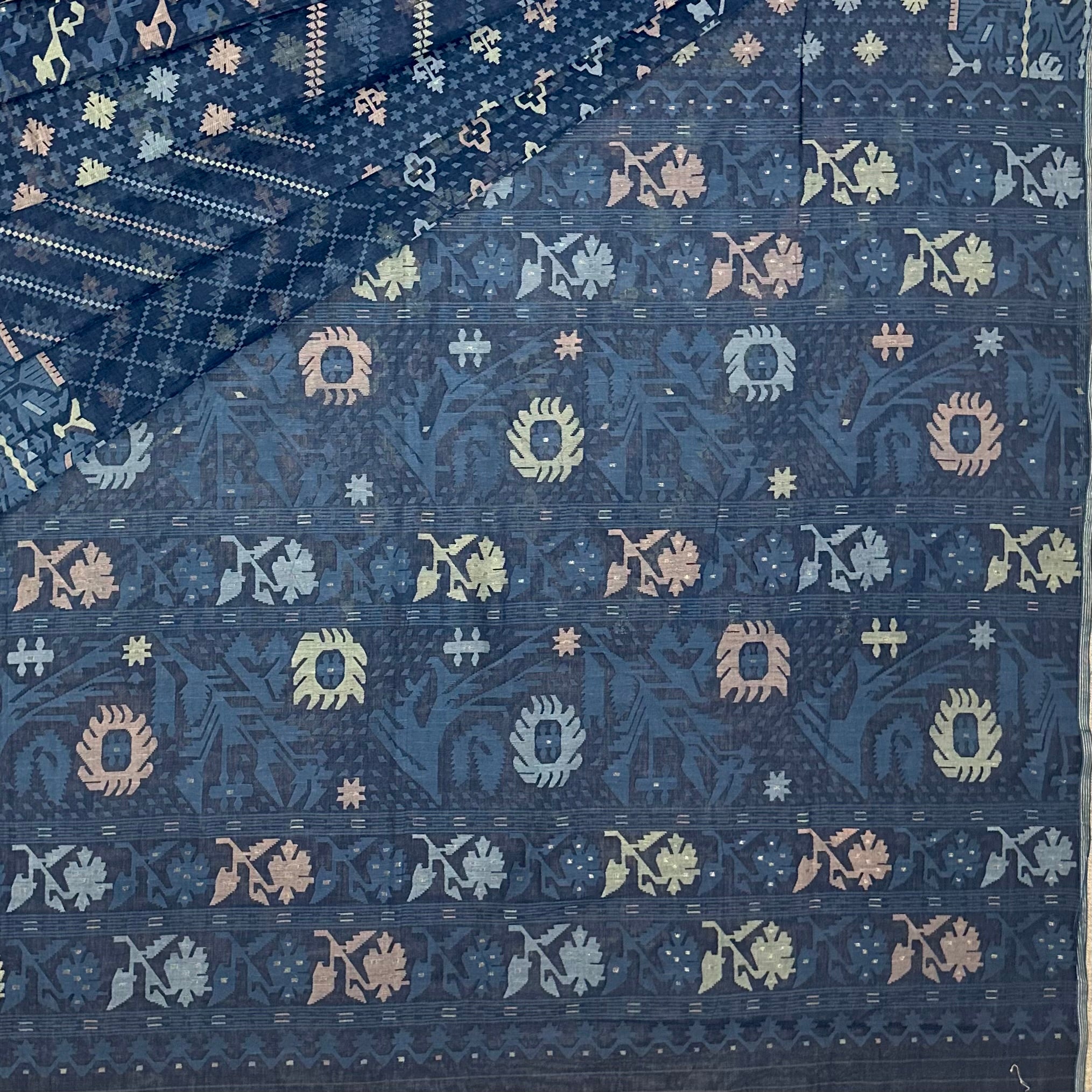 Indigo Handspun 200 Count Dhakai Jamdani Masterpiece with 16 Different Motifs