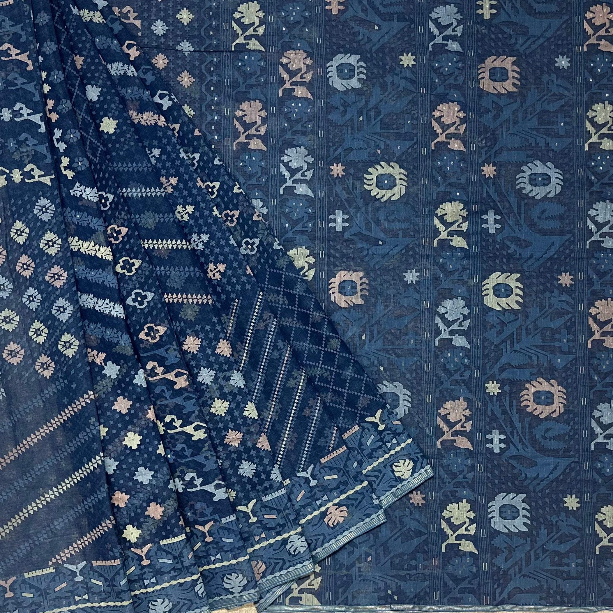 Indigo Handspun 200 Count Dhakai Jamdani Masterpiece with 16 Different Motifs