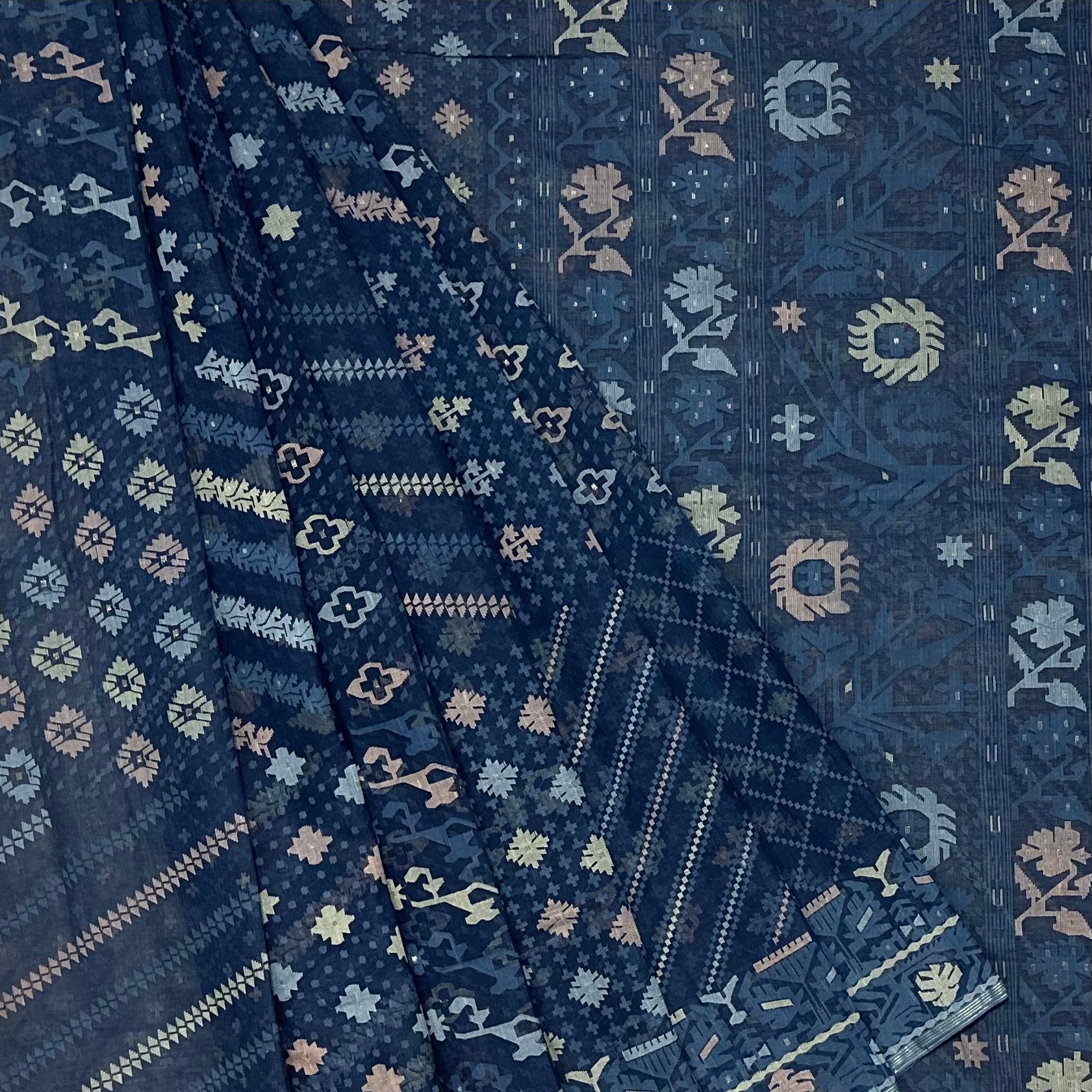 Indigo Handspun 200 Count Dhakai Jamdani Masterpiece with 16 Different Motifs