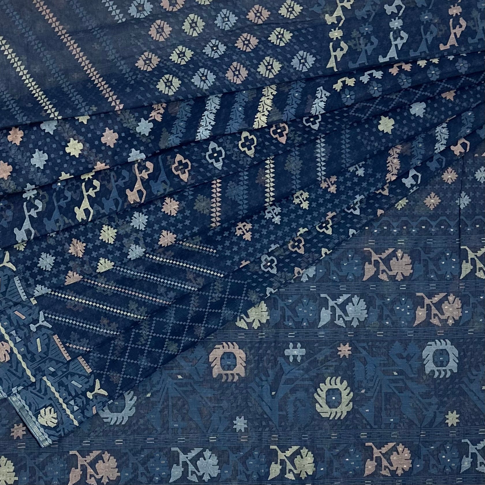 Indigo Handspun 200 Count Dhakai Jamdani Masterpiece with 16 Different Motifs