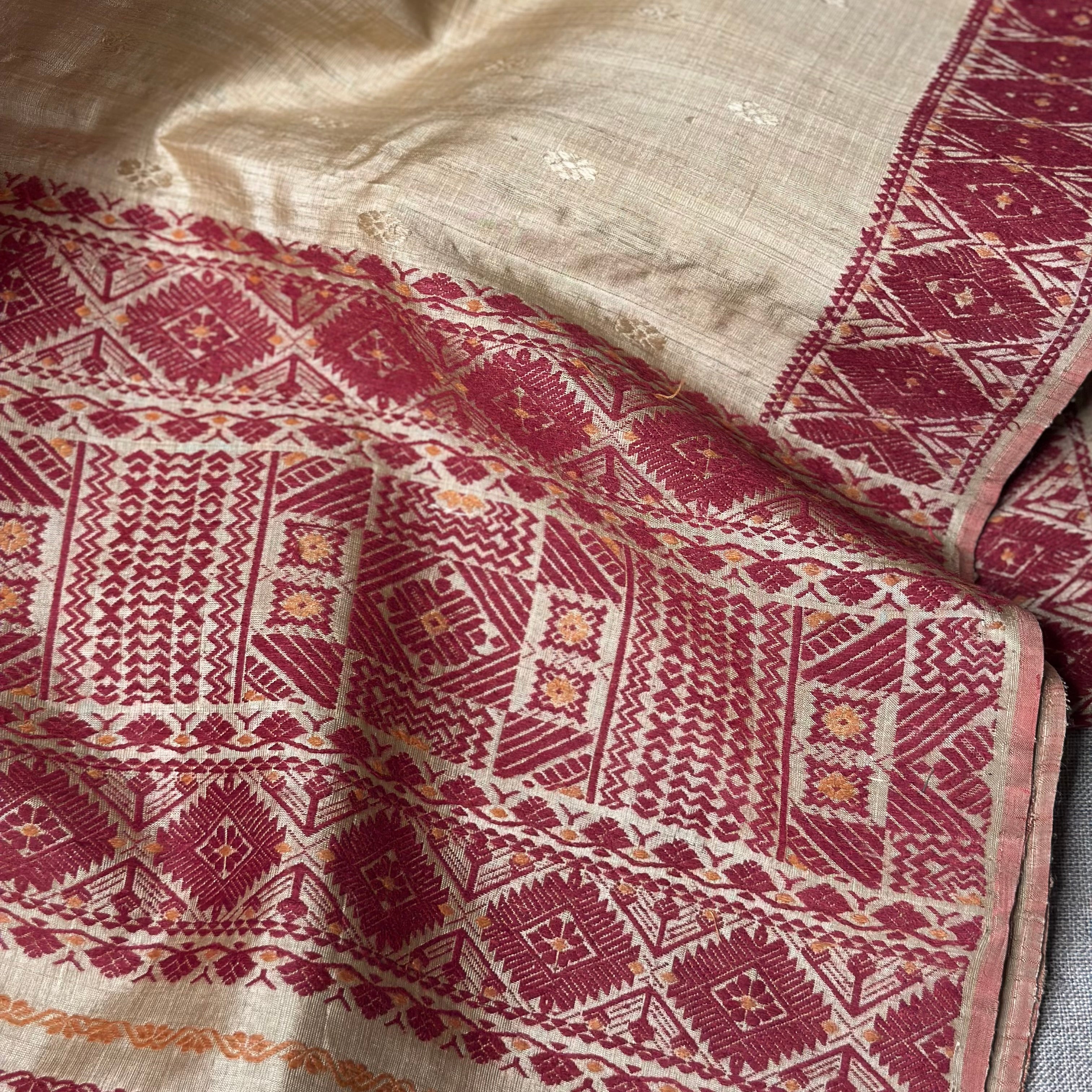 Handwoven Pure Muga Saree with Small Palla In Red Eri