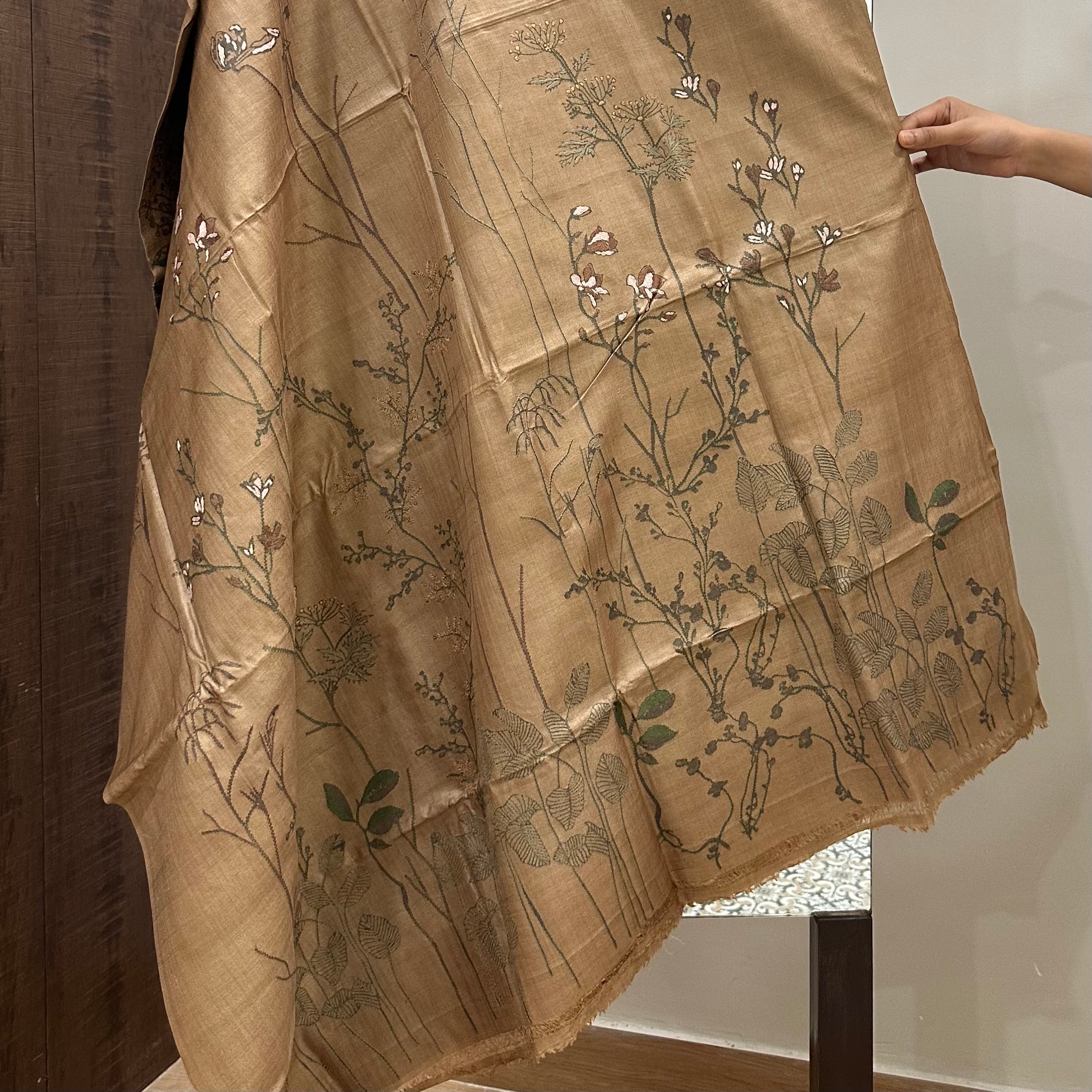 Coffee Coloured Natural Dyed Handwoven Tussar with Kantha