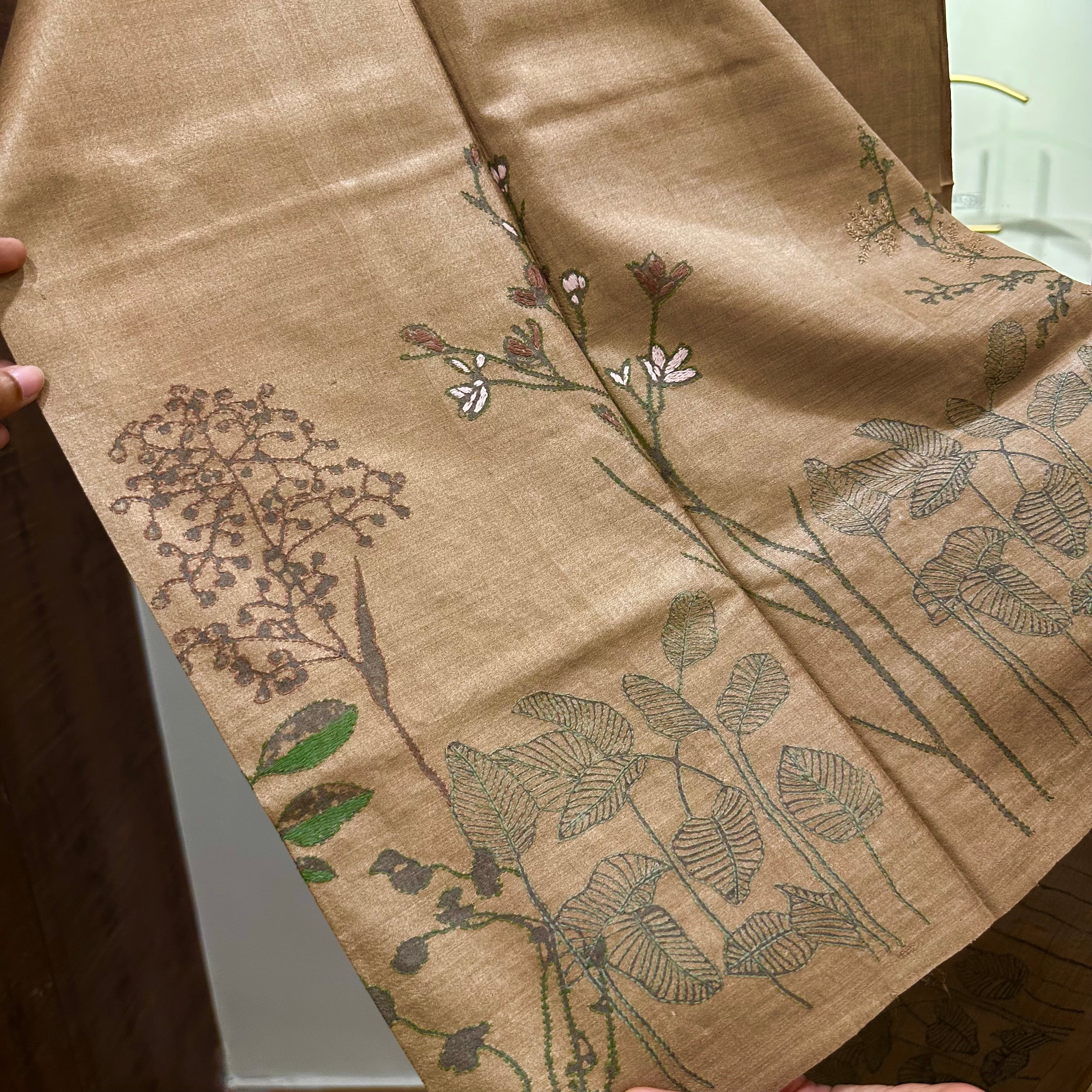 Coffee Coloured Natural Dyed Handwoven Tussar with Kantha