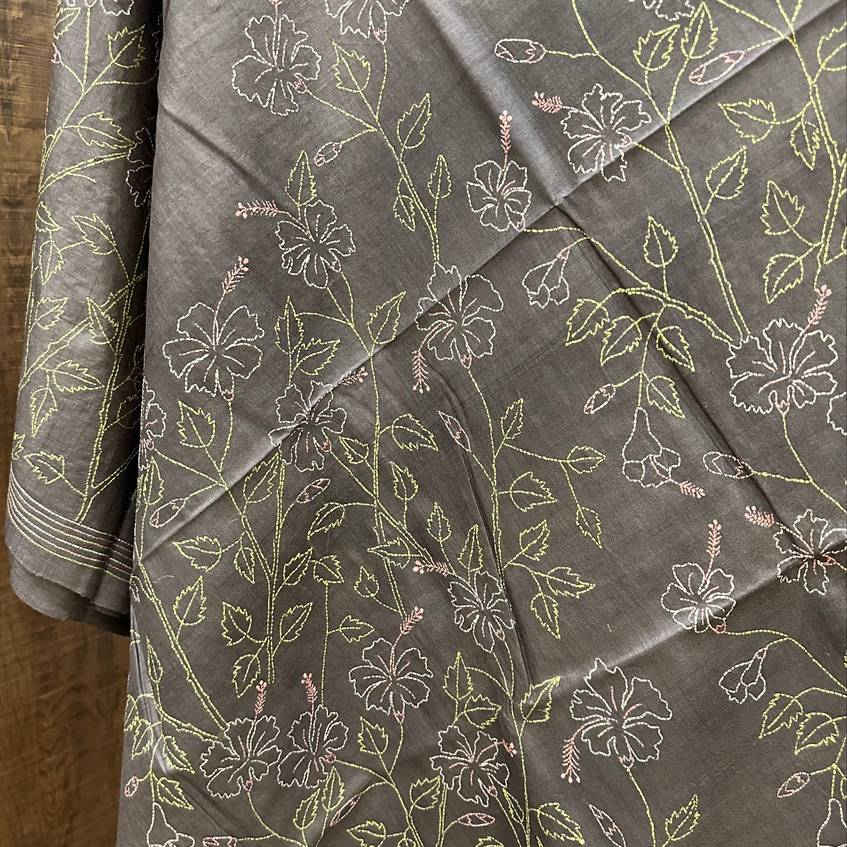 Grey Natural Dyed Handwoven Tussar with Kantha